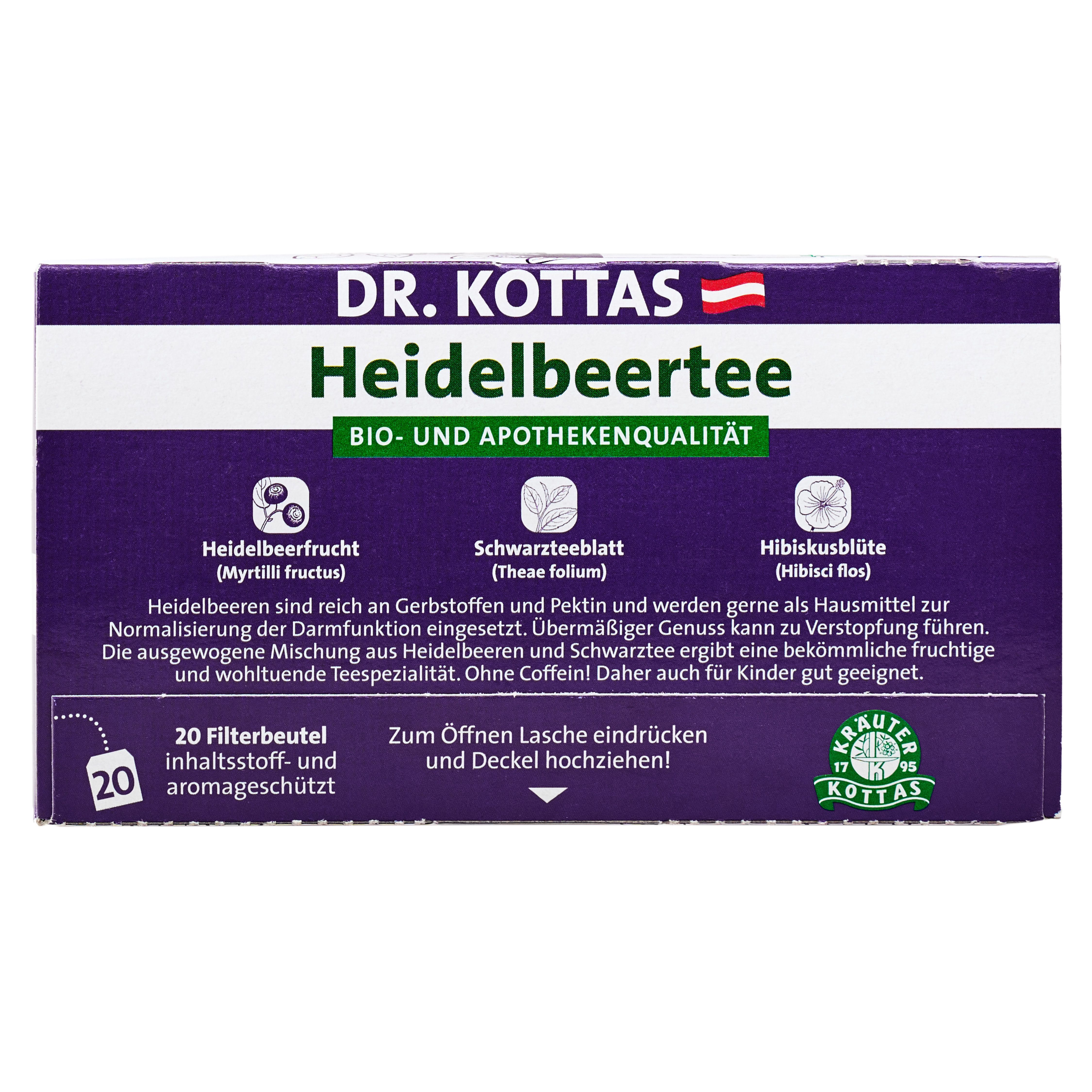 Dr. Kottas Heidelbeertee: Packung mit 20 Filterbeuteln, Bio- und Apothekenqualität.