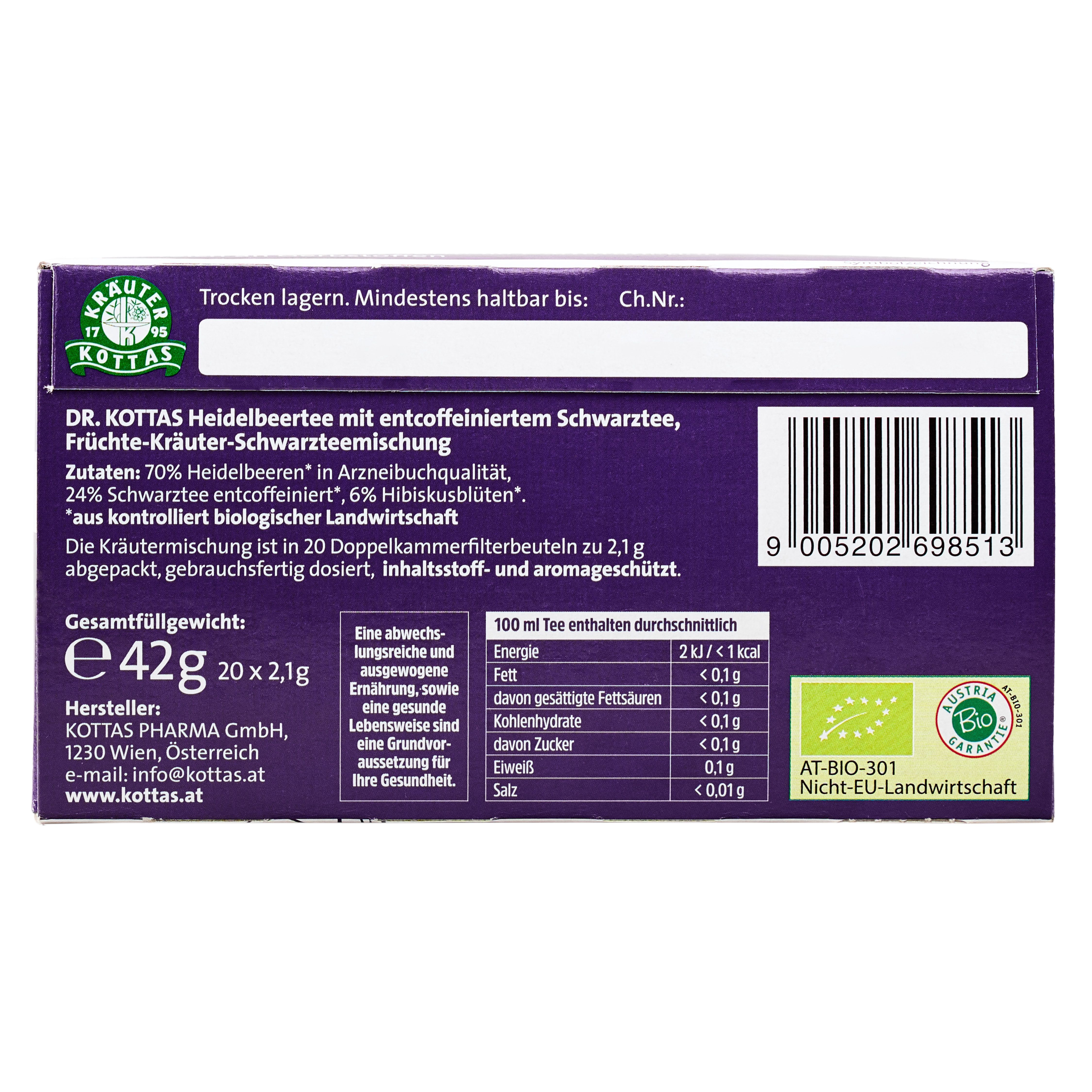 Packung Dr. Kottas Heidelbeertee mit Schwarztee, 42g, 20 Doppelkammerfilterbeutel.