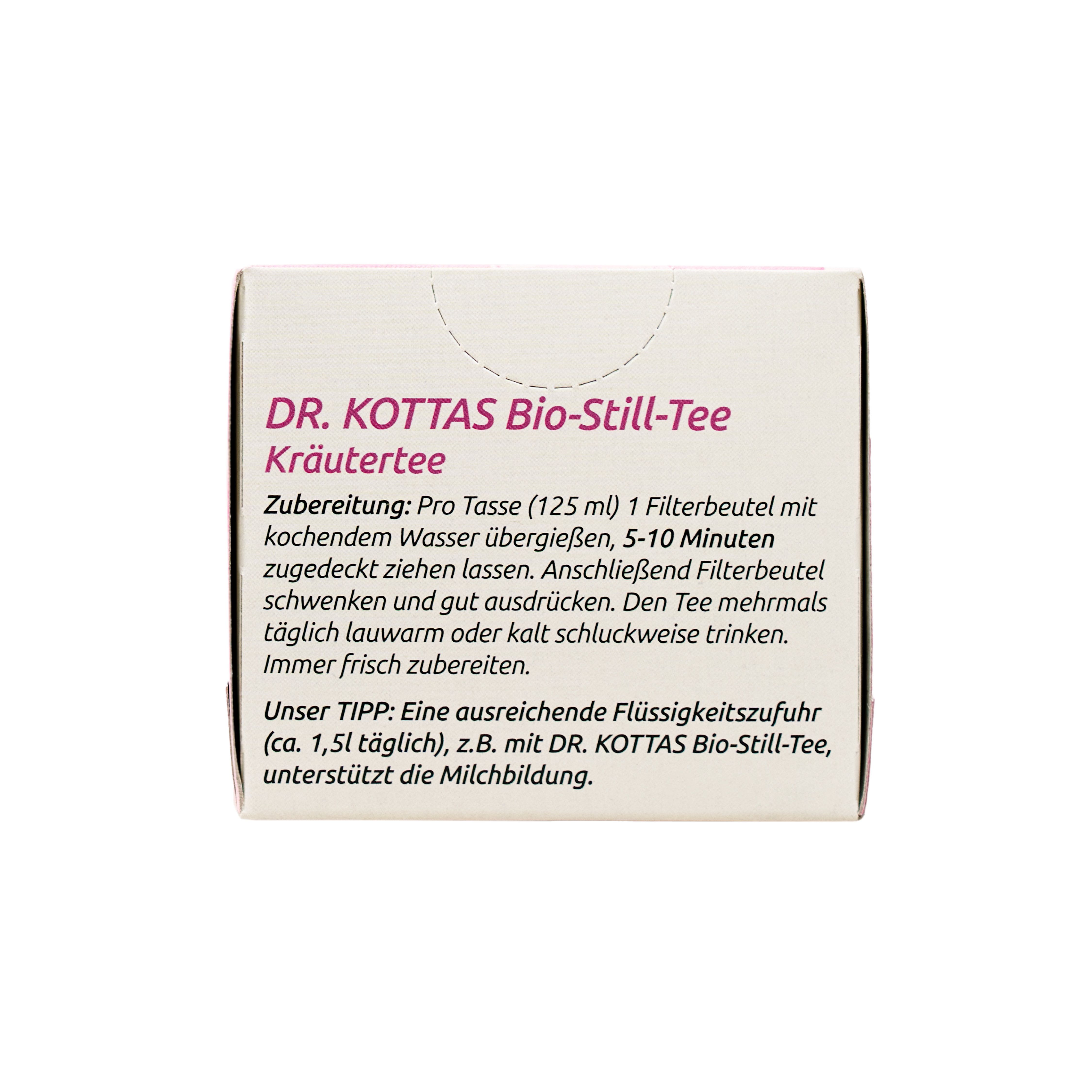 Oberseite der DR. KOTTAS Bio-Still-Tee Verpackung mit Zubereitungshinweisen.