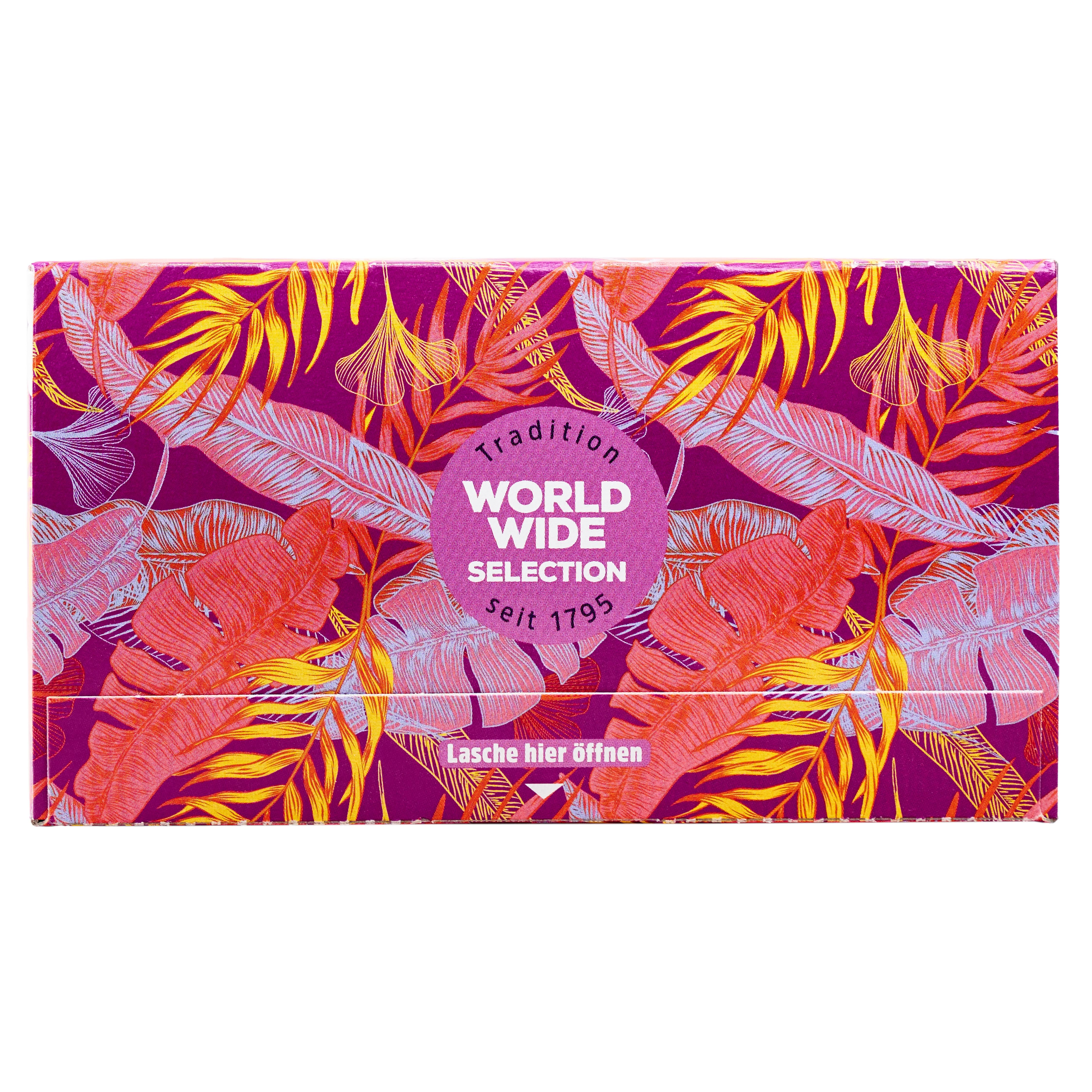 Verpackung Dr. Kottas World Wide Selection Tee mit tropischem Muster.