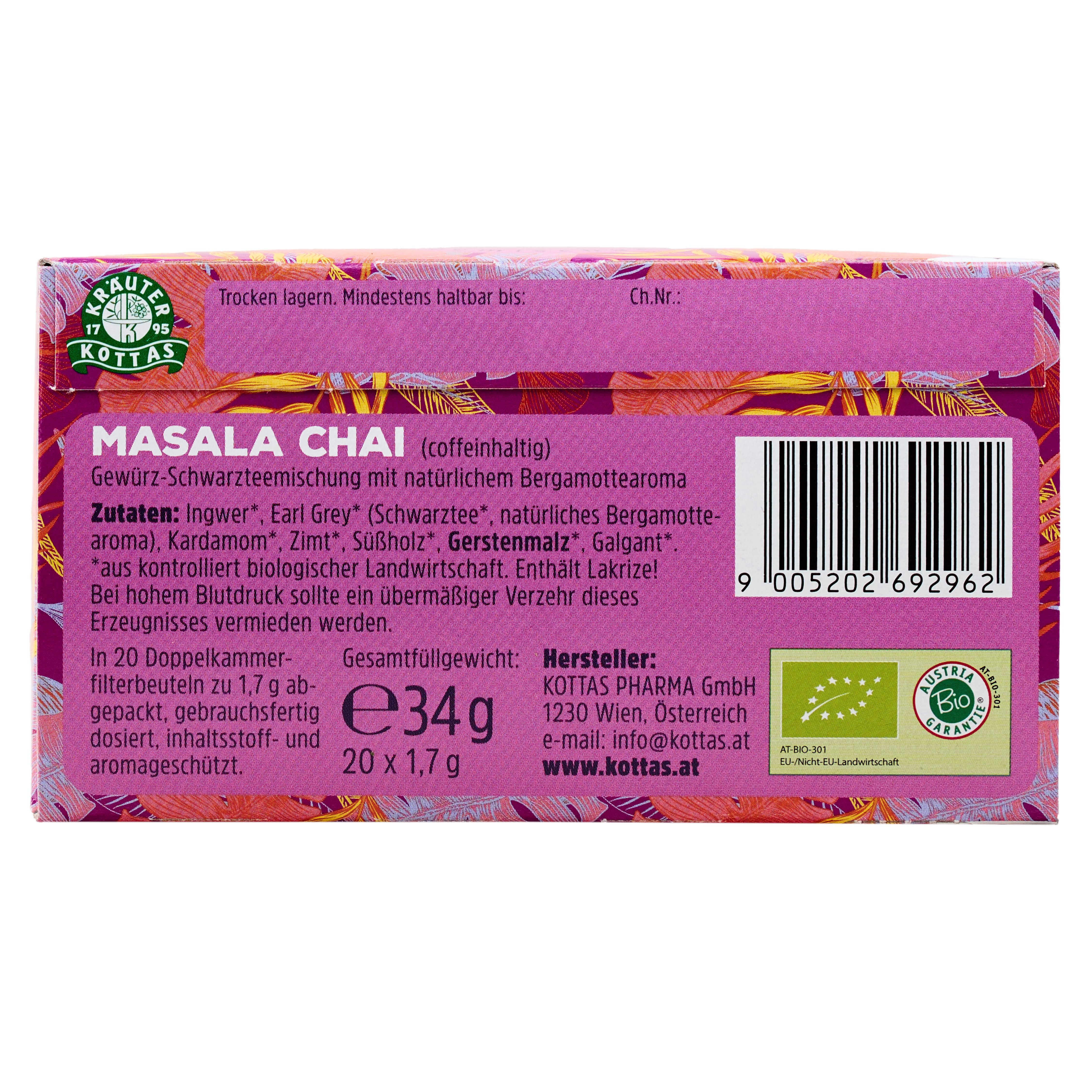 Kottas Masala Chai, 20 Doppelkammerfilterbeutel à 1,7g, koffeinhaltig, Bio-Siegel.