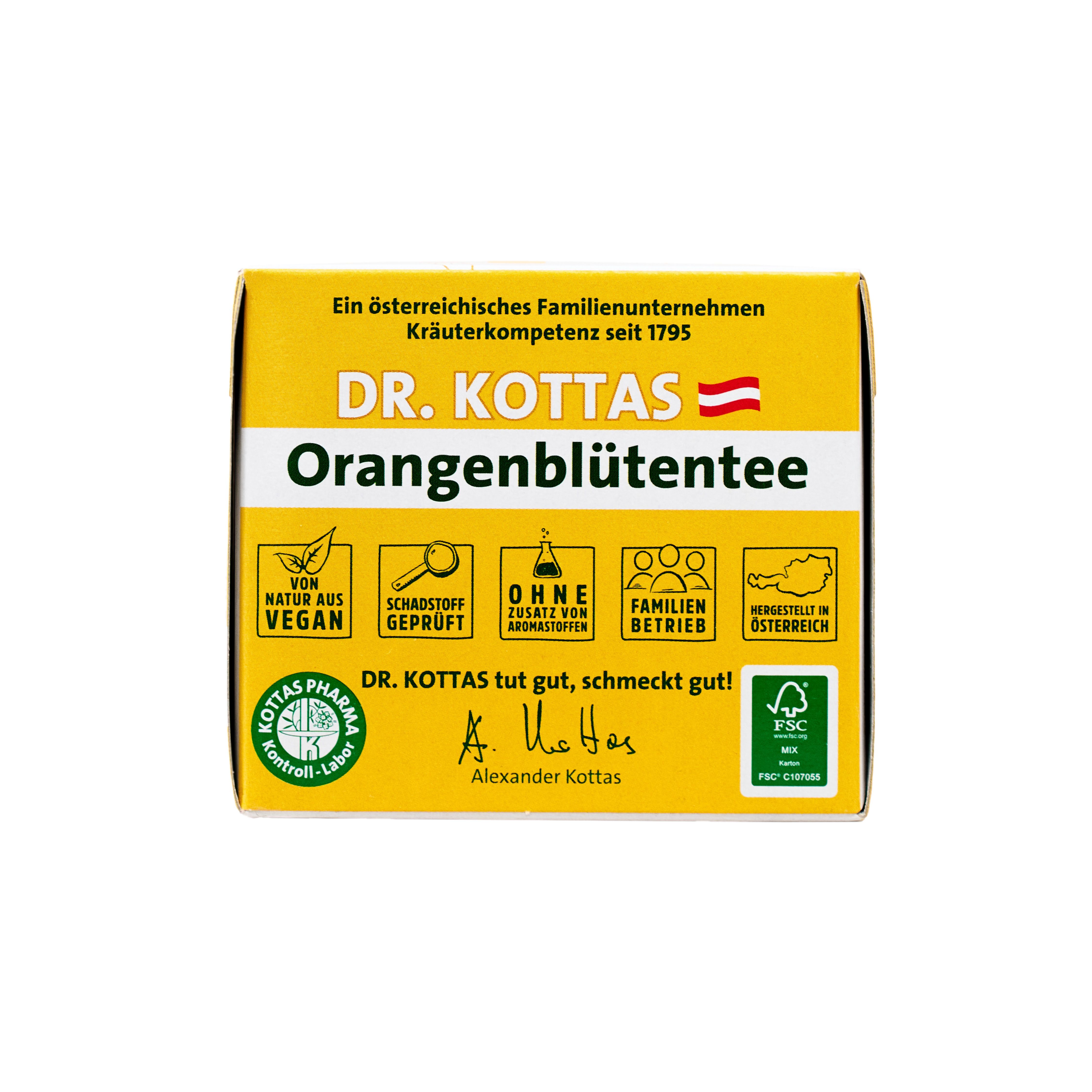 Dr. Kottas Bio-Kinder-Tee Kräutertee Verpackung mit Siegeln für Bio, Vegan, schadstoffgeprüft und ohne Zusatz von Aromastoffen.