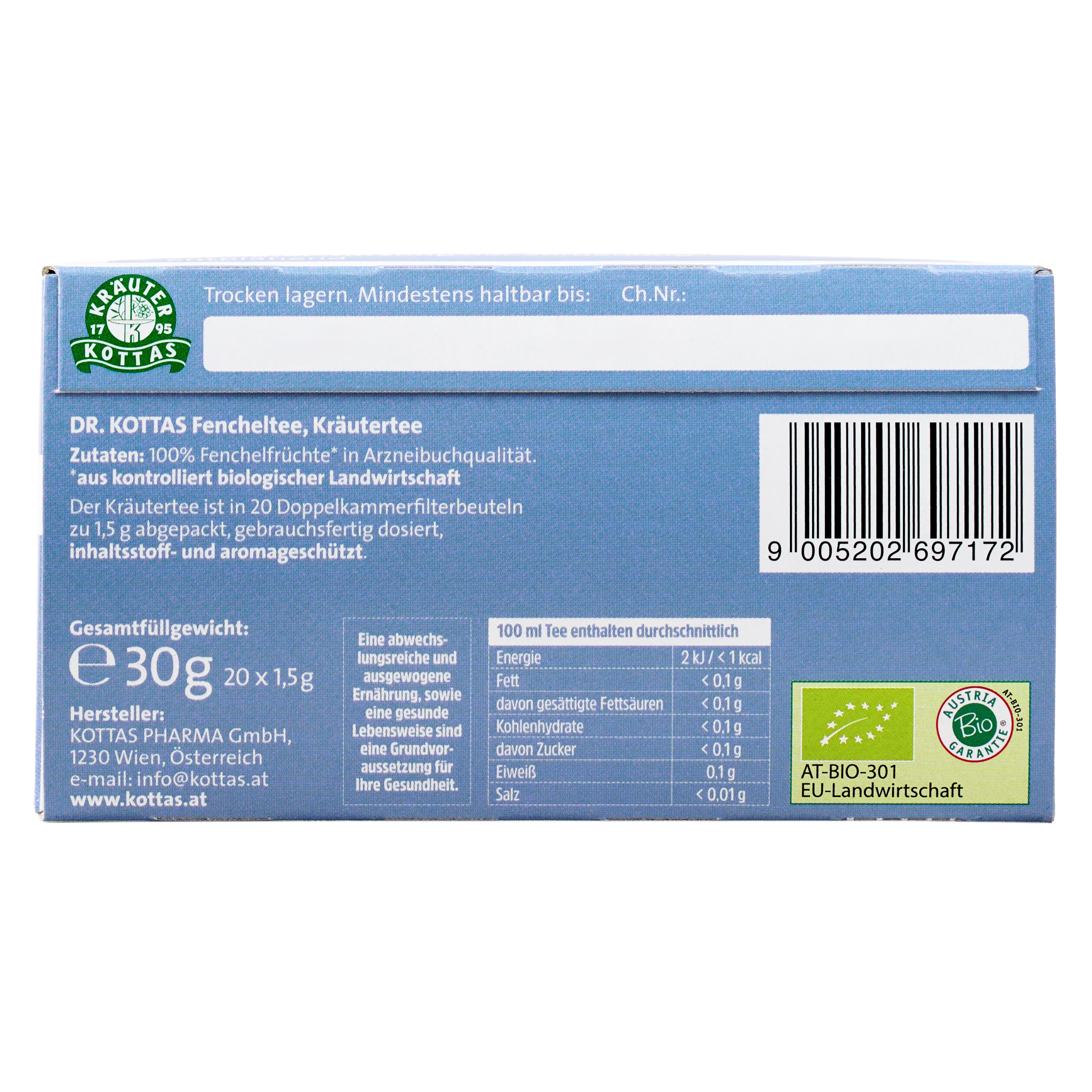 Dr. Kottas Fencheltee Kräutertee Packung mit Siegeln für vegan, glutenfrei, laktosefrei.