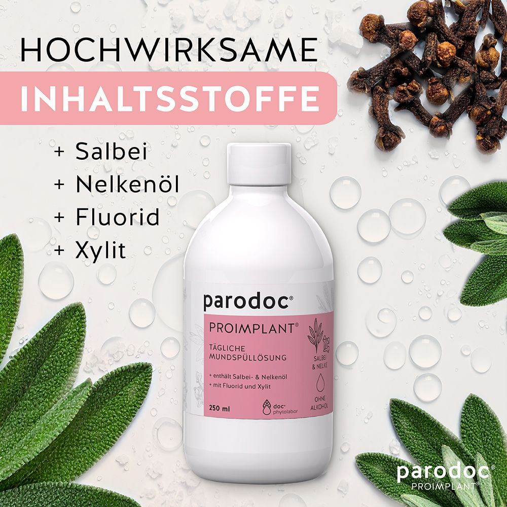 Flasche parodoc® PROIMPLANT® mit Inhaltsstoffen: Salbei, Nelkenöl, Fluorid, Xylit. Kräuter und Gewürznelken.