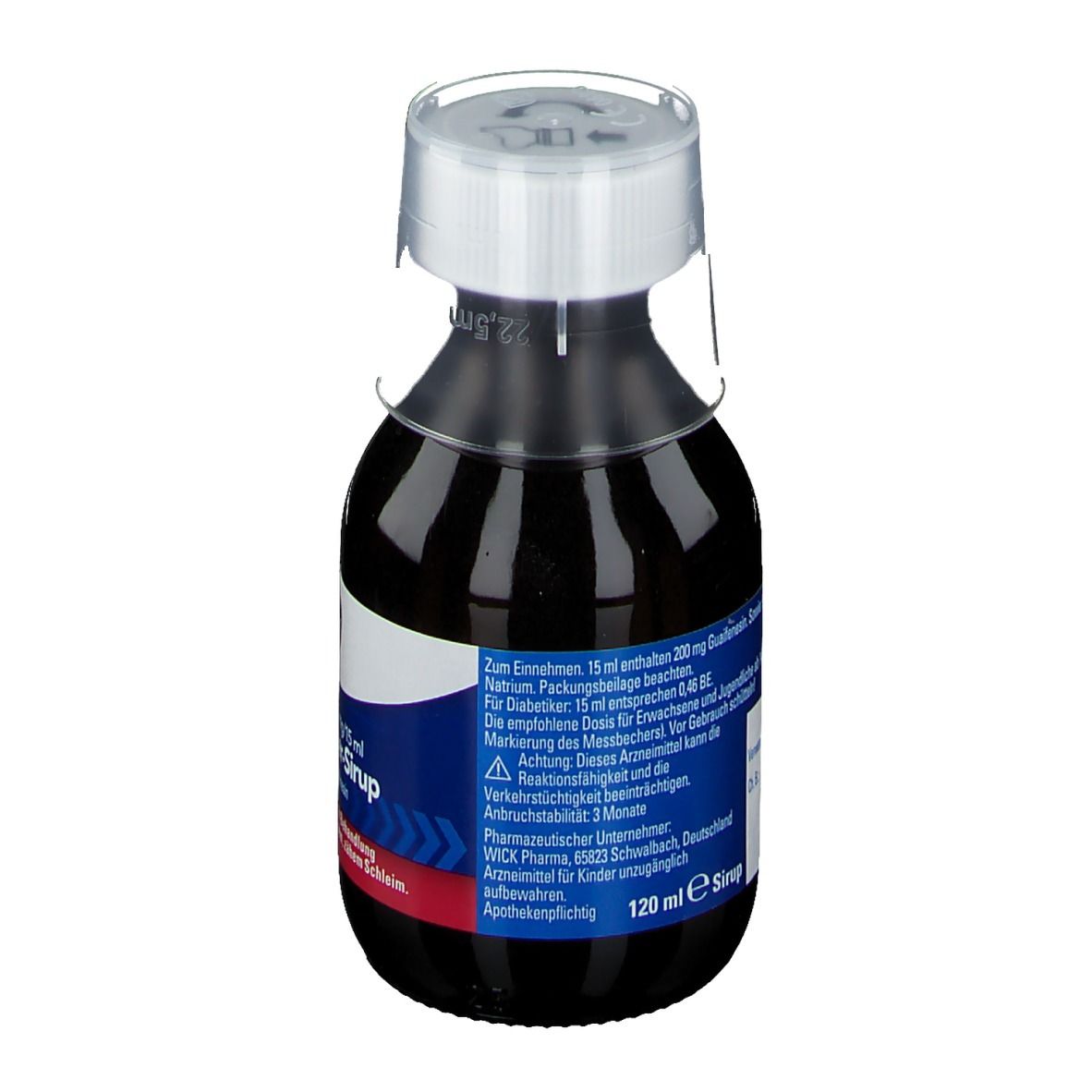 Rückansicht einer Flasche mit brauner Flüssigkeit. Etikett mit Textinformationen, darunter Dosierung und Hersteller.