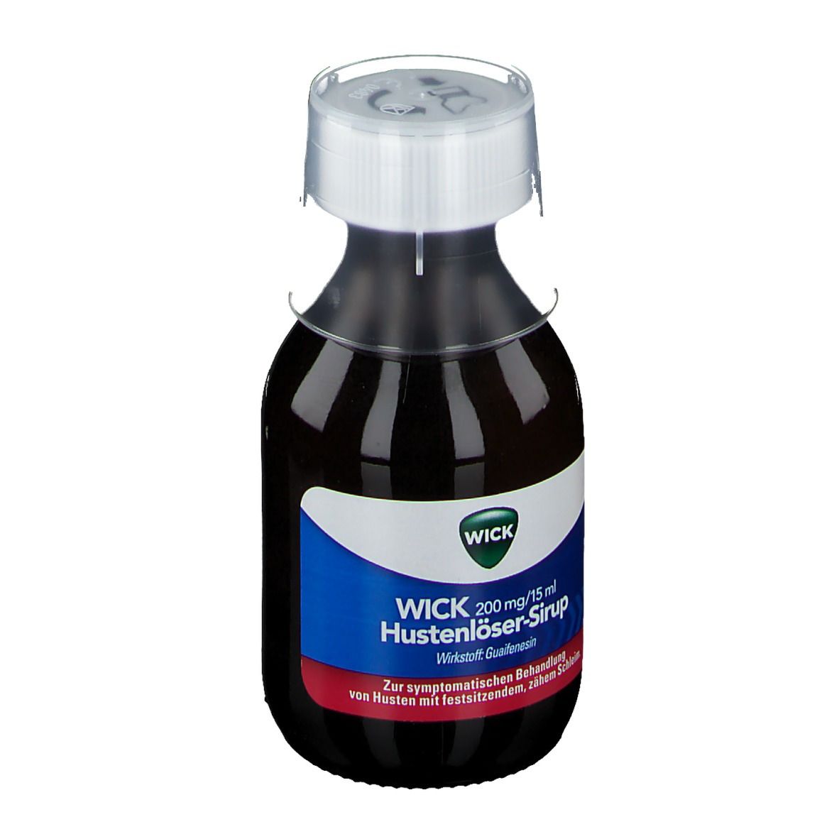 Flasche mit brauner Flüssigkeit und weißem Verschluss. Etikett mit WICK Hustenlöser-Sirup und Wirkstoff.