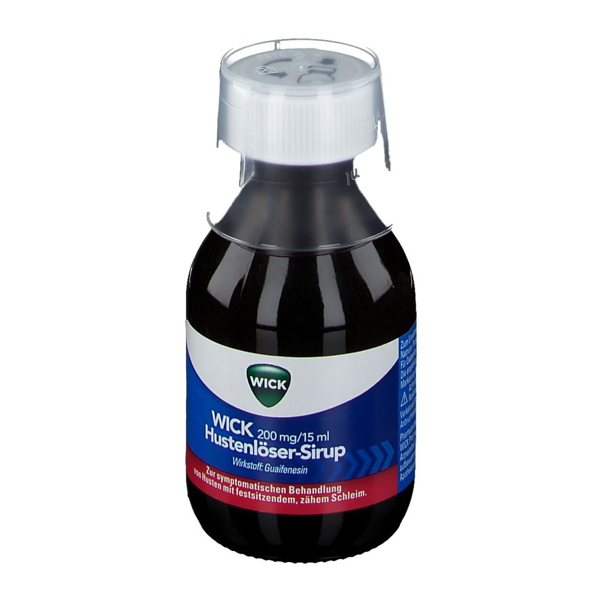 Flasche mit brauner Flüssigkeit und weißem Verschluss. Etikett mit WICK Hustenlöser-Sirup und Wirkstoff.