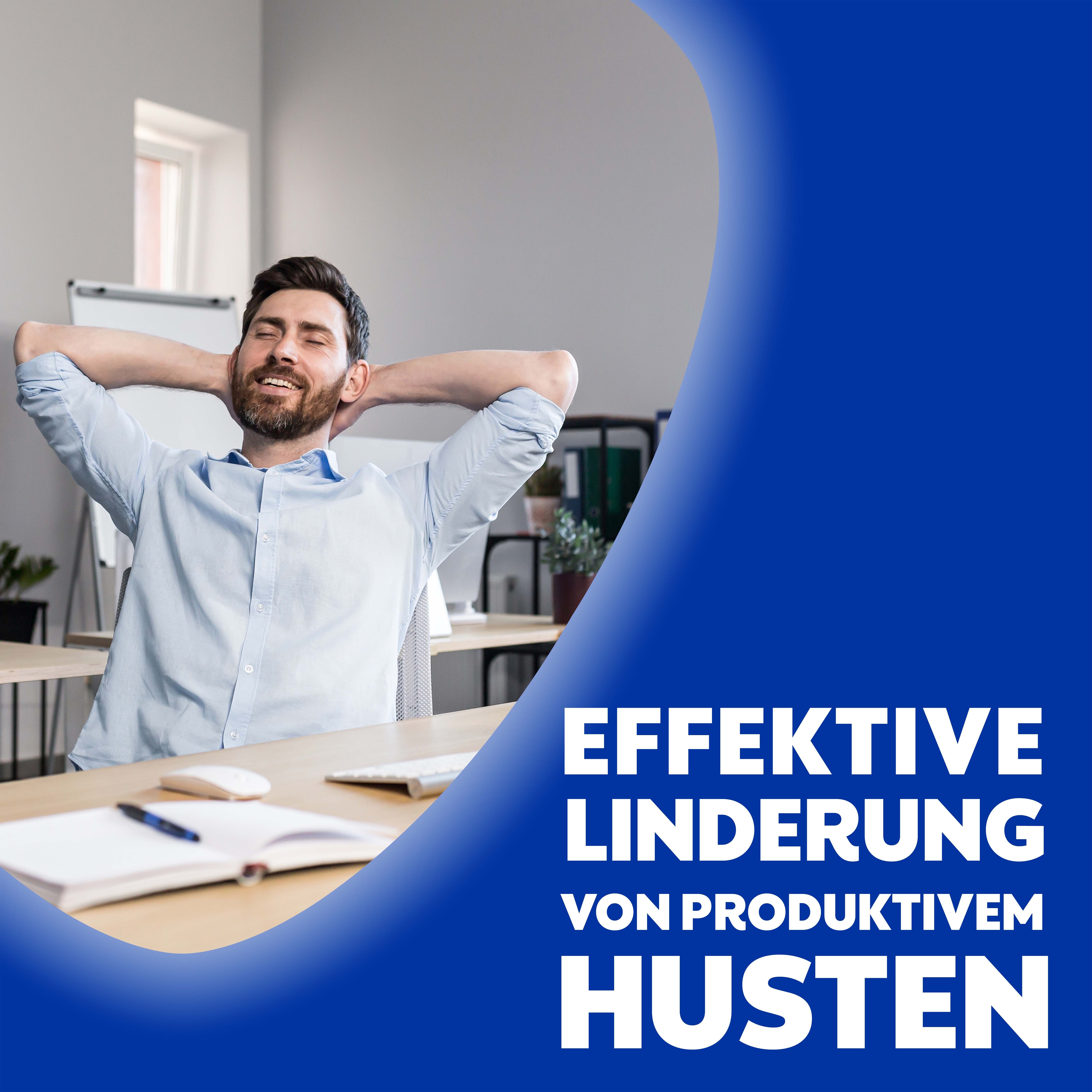 Mann entspannt sich im Büro. Text: Effektive Linderung von produktivem Husten.