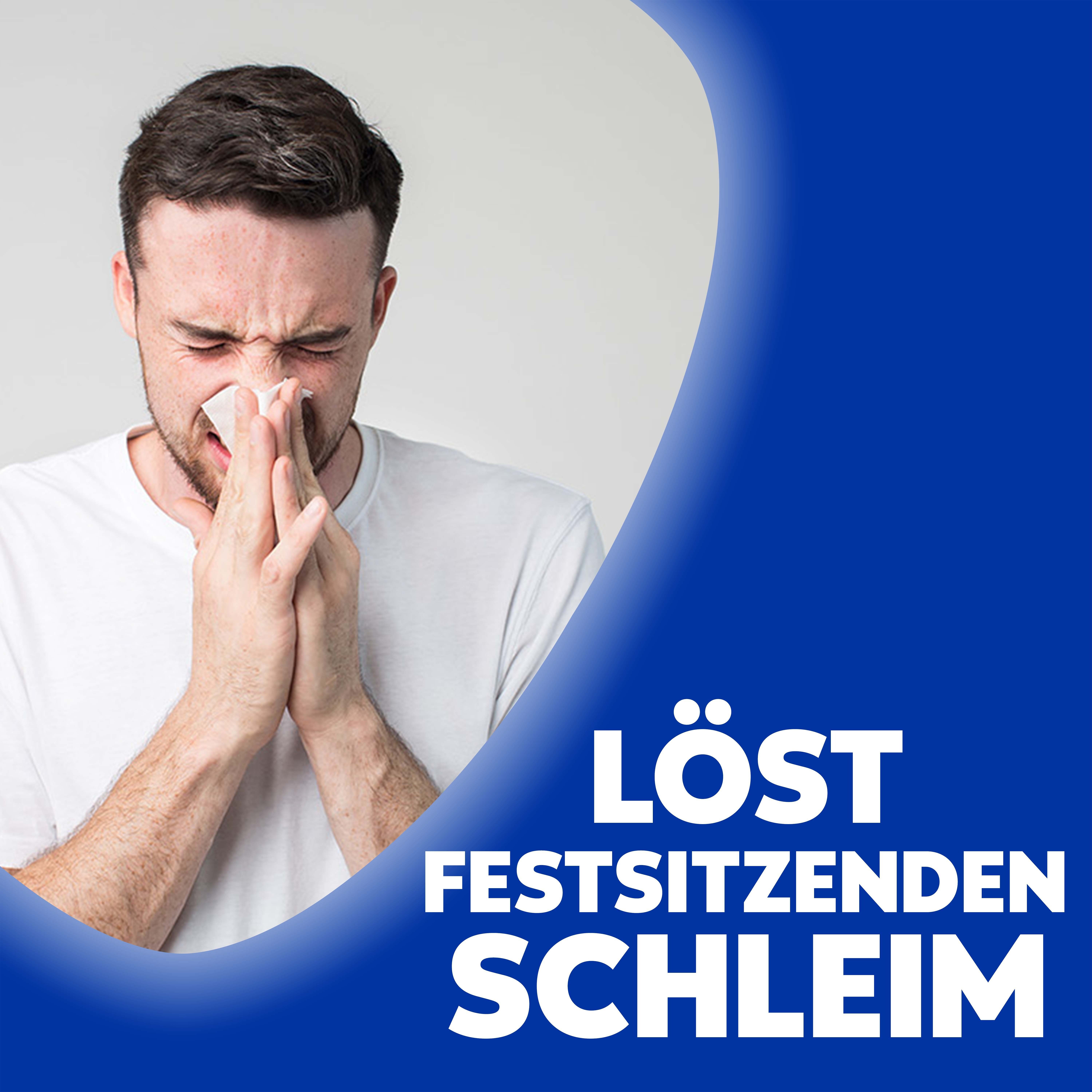 Mann putzt sich die Nase. Text: Löst festsitzenden Schleim.
