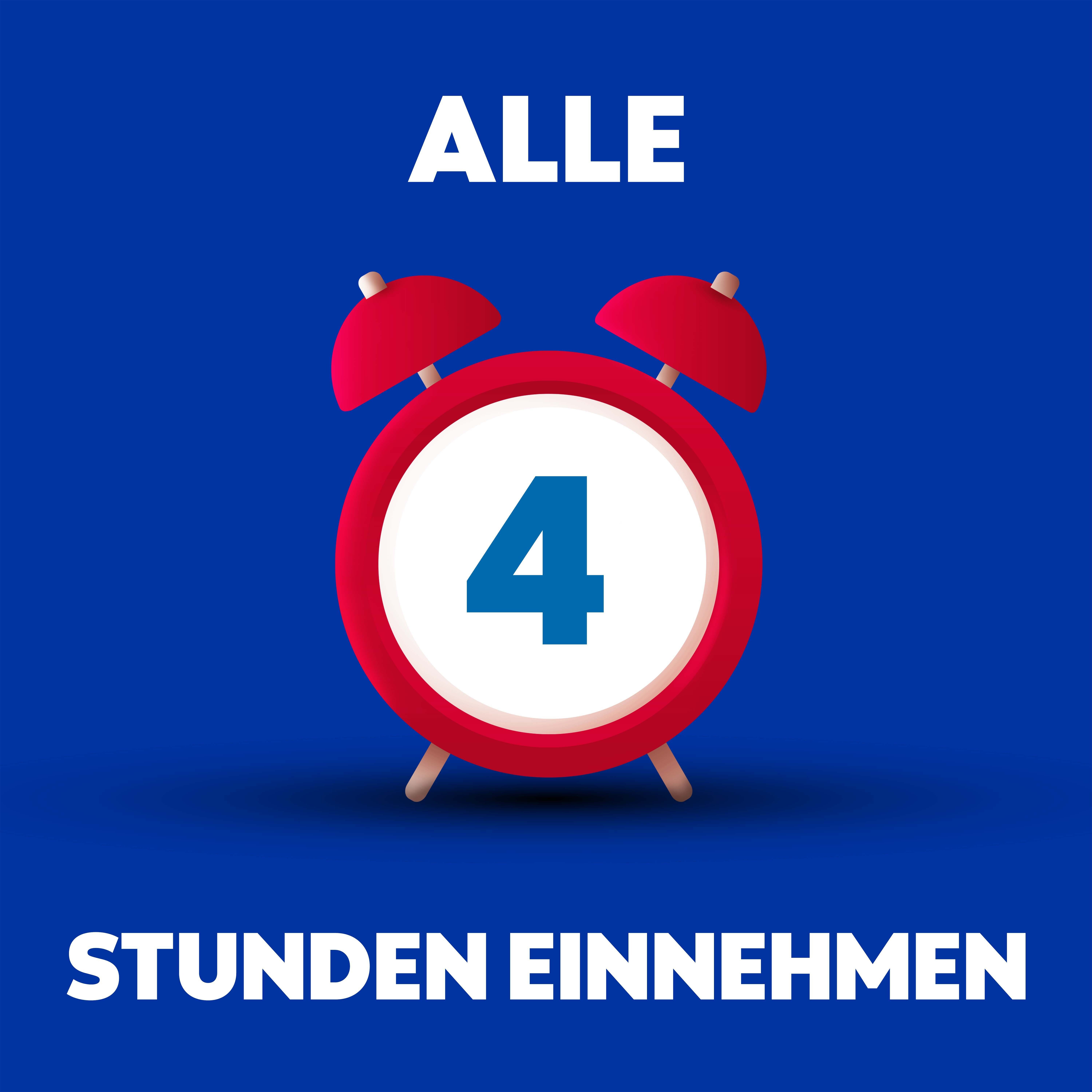 Roter Wecker. Text: Alle 4 Stunden einnehmen.