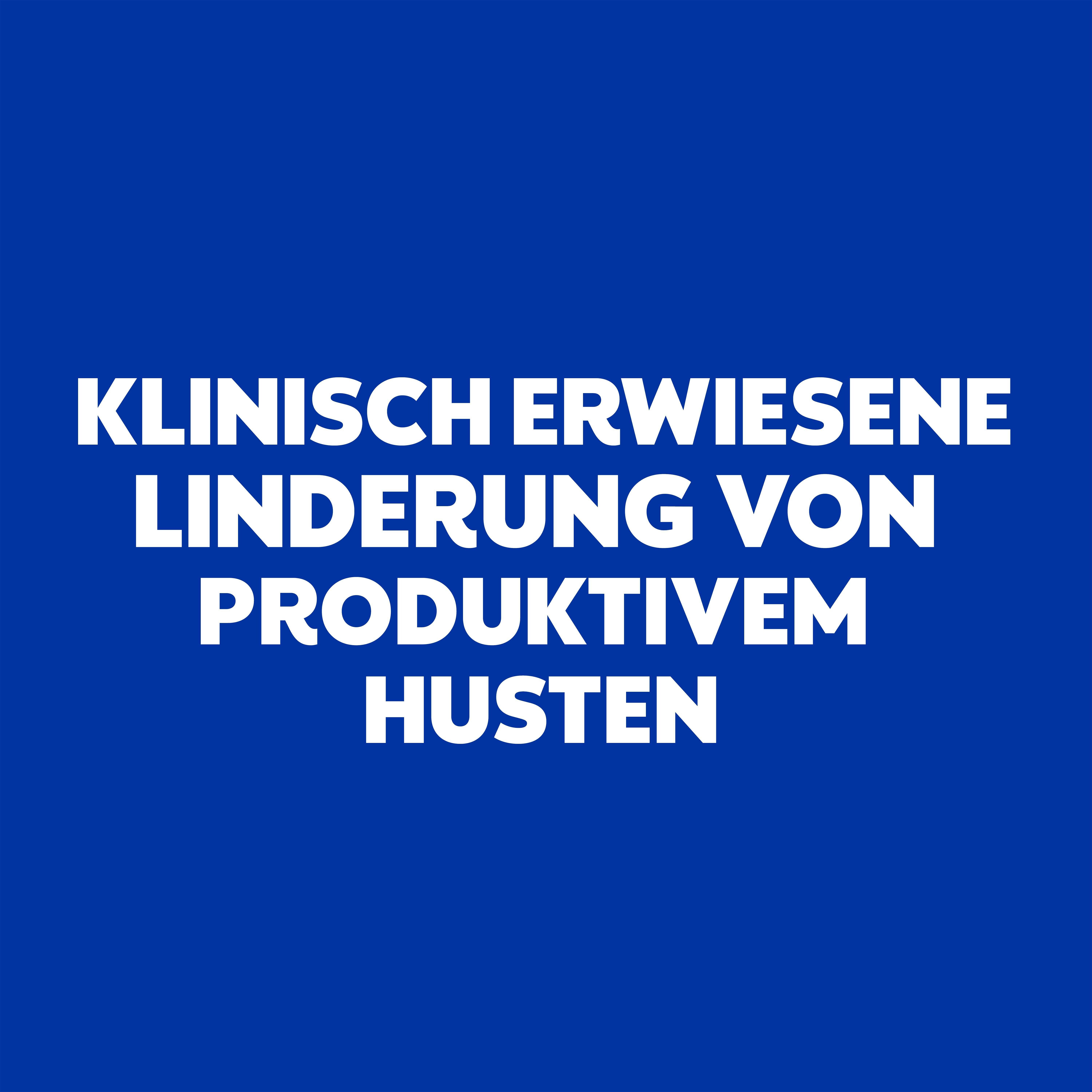 Blauer Hintergrund. Text: Klinisch erwiesene Linderung von produktivem Husten.