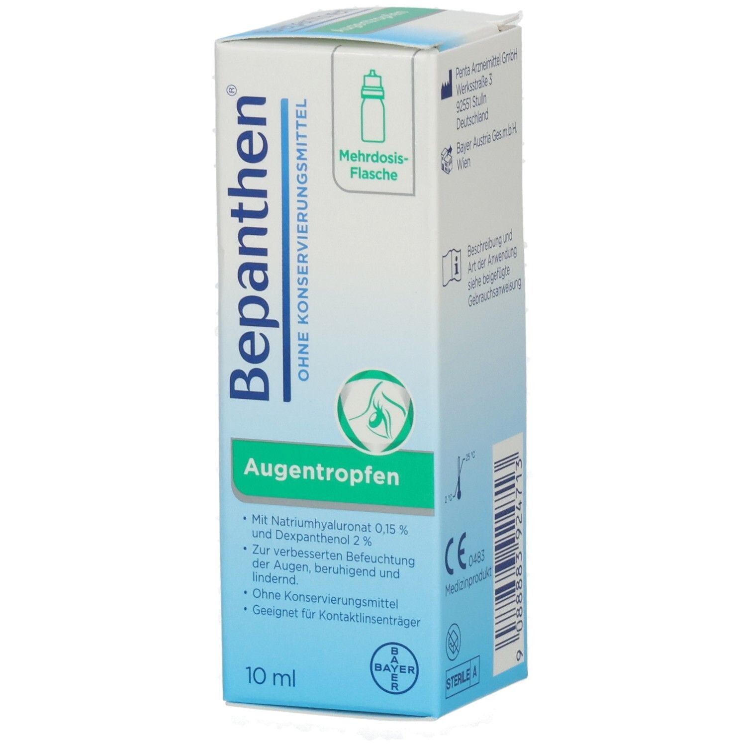 Karton Bepanthen Augentropfen ohne Konservierungsmittel. Aufschrift: Augentropfen, 10 ml. Bayer-Logo. Mehrdosis-Flasche.
