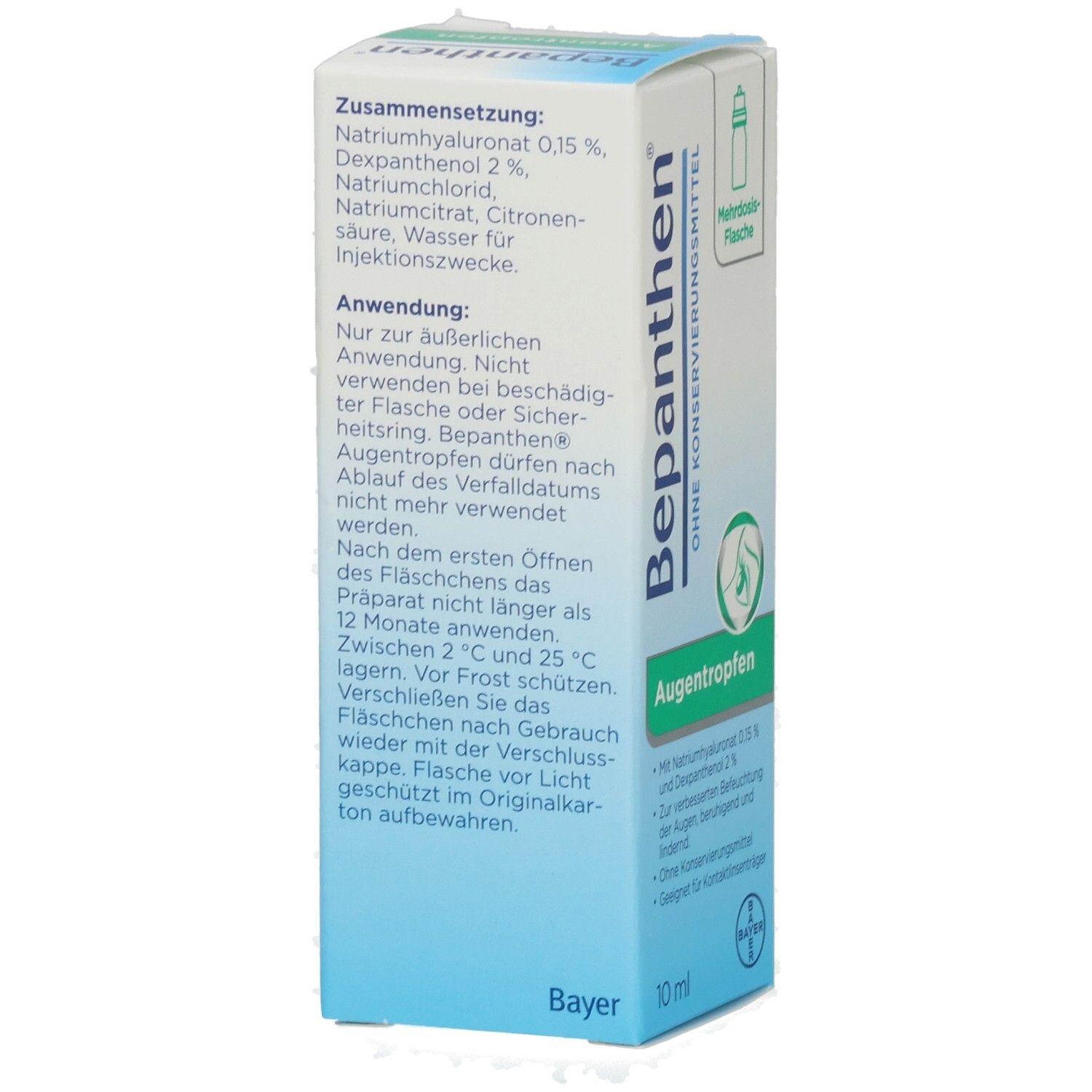 Karton Bepanthen Augentropfen. Text: Zusammensetzung, Anwendung. Bayer-Logo. 10 ml. Mehrdosis-Flasche. CE-Kennzeichnung.