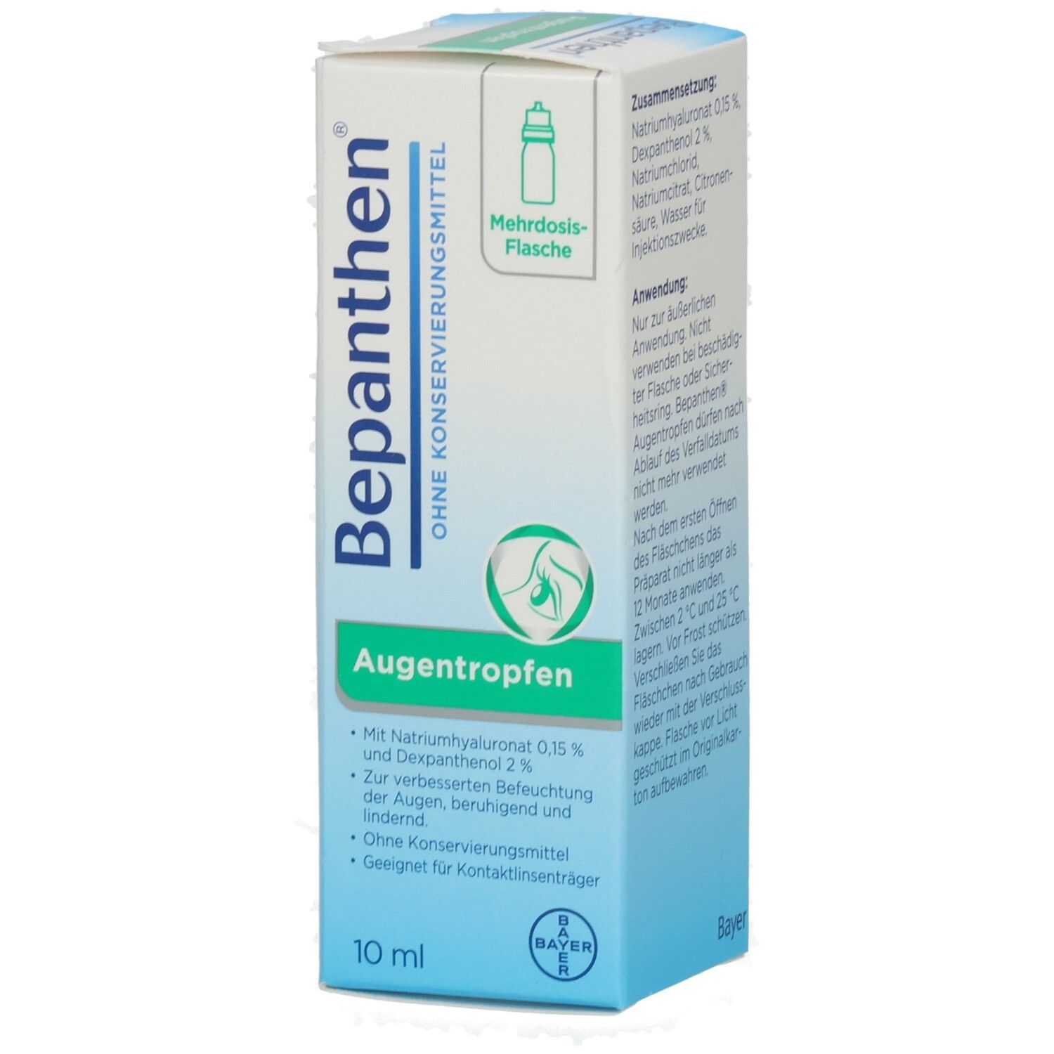 Karton Bepanthen Augentropfen ohne Konservierungsmittel. Aufschrift: Augentropfen, 10 ml. Bayer-Logo. Mehrdosis-Flasche.