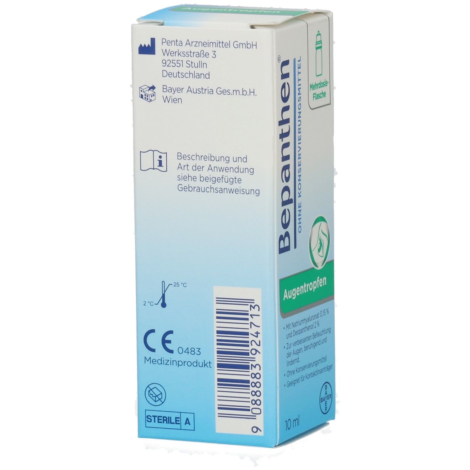 Karton Bepanthen Augentropfen. Aufschrift: Augentropfen, 10 ml. Bayer-Logo. CE-Kennzeichnung. Barcode.