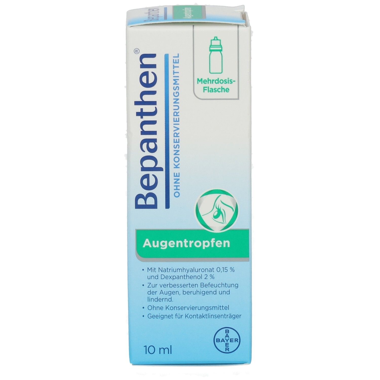 Karton Bepanthen Augentropfen ohne Konservierungsmittel. Aufschrift: Augentropfen, 10 ml. Bayer-Logo. Mehrdosis-Flasche.