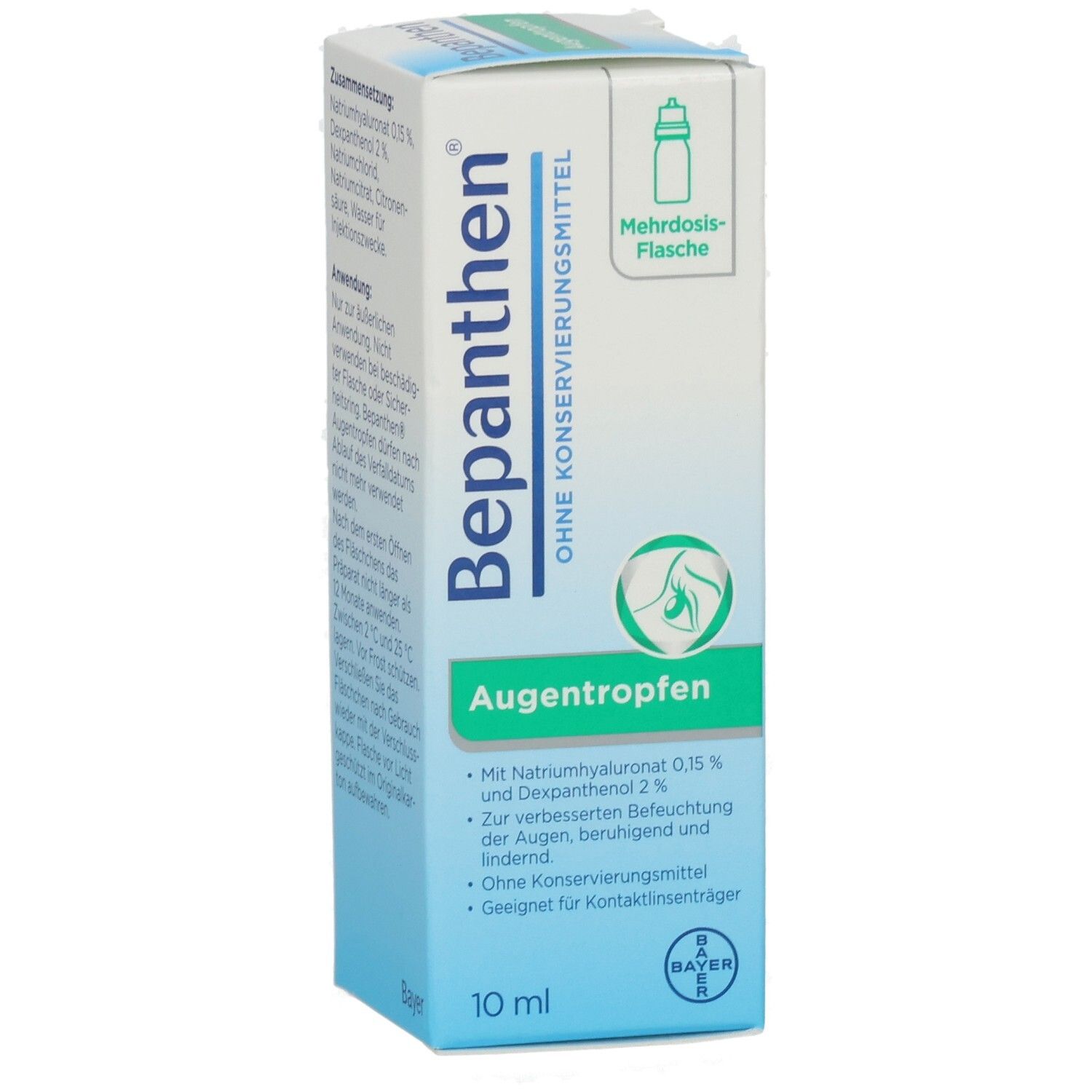 Karton Bepanthen Augentropfen ohne Konservierungsmittel. Aufschrift: Augentropfen, 10 ml. Bayer-Logo. Mehrdosis-Flasche.
