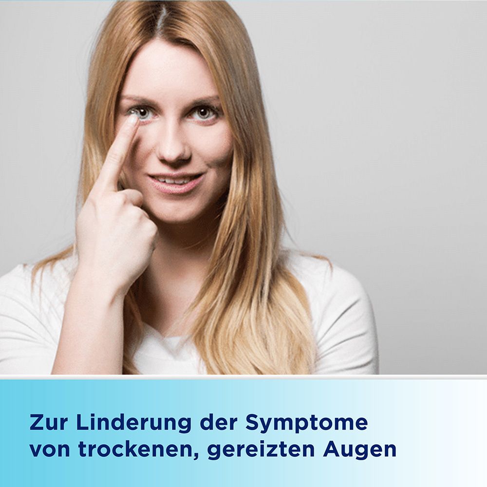 Frau berührt ihr Auge. Text: Zur Linderung der Symptome von trockenen, gereizten Augen.