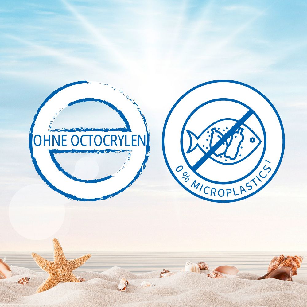 Zwei blaue Kreise auf Sand. Text: Ohne Octocrylen und 0% Mikroplastik. Hintergrund: Strand und Sonne.