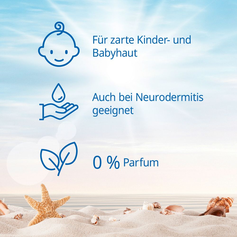 Symbole auf Sand: Babykopf, Tropfen, Blätter. Text: Für zarte Kinderhaut, auch bei Neurodermitis, 0% Parfum.