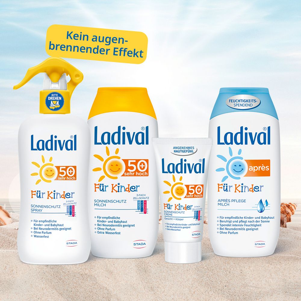 Vier Ladival-Produkte: Sonnenschutz Spray, Sonnenmilch, Creme und Après Pflege Milch. Gelber Aufkleber: Kein Augenbrennen.