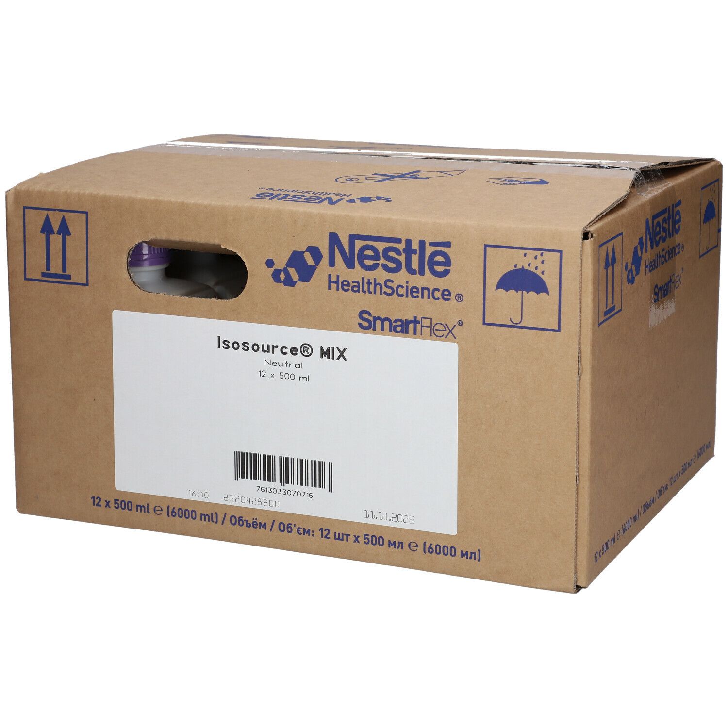 Kartonverpackung von Nestlé HealthScience Isosource Mix. Aufdrucke: Isosource Mix, 12 x 500 ml, Neutral. Mit Logo und SmartFlex.