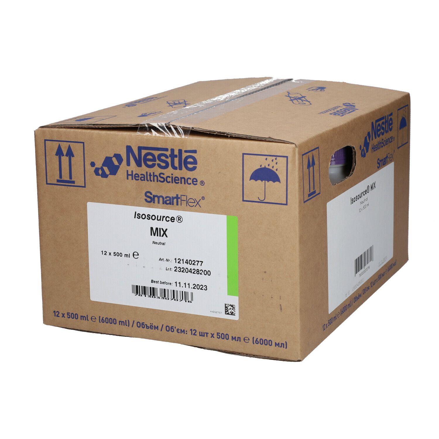 Kartonverpackung von Nestlé HealthScience Isosource Mix. Aufdrucke: Isosource Mix, 12 x 500 ml, Neutral. Mit Logo und SmartFlex.