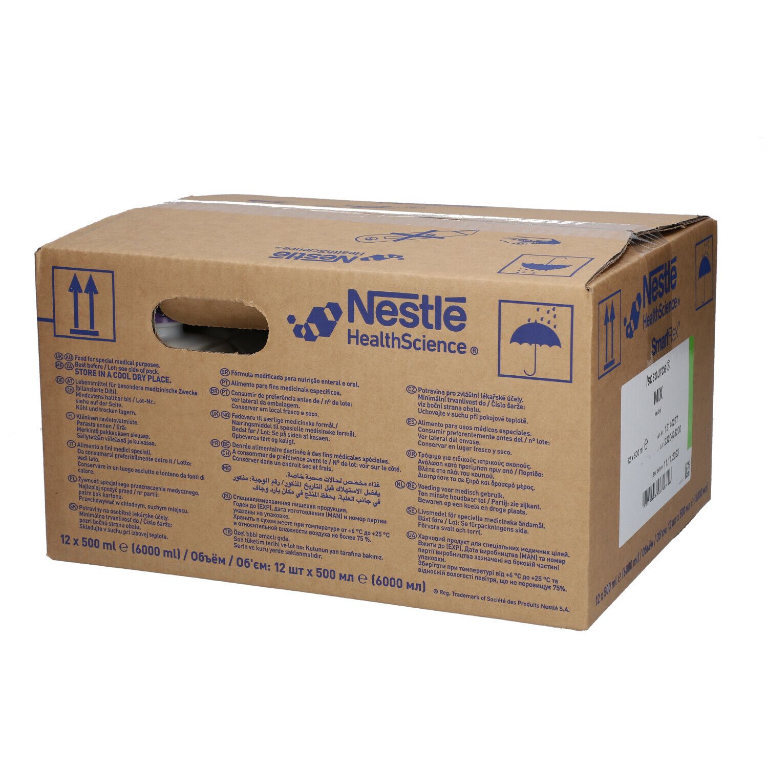 Kartonverpackung von Nestlé HealthScience. Aufdrucke: Isosource Mix, 12 x 500 ml. Mit Logo und SmartFlex. Enthält Text in mehreren Sprachen.