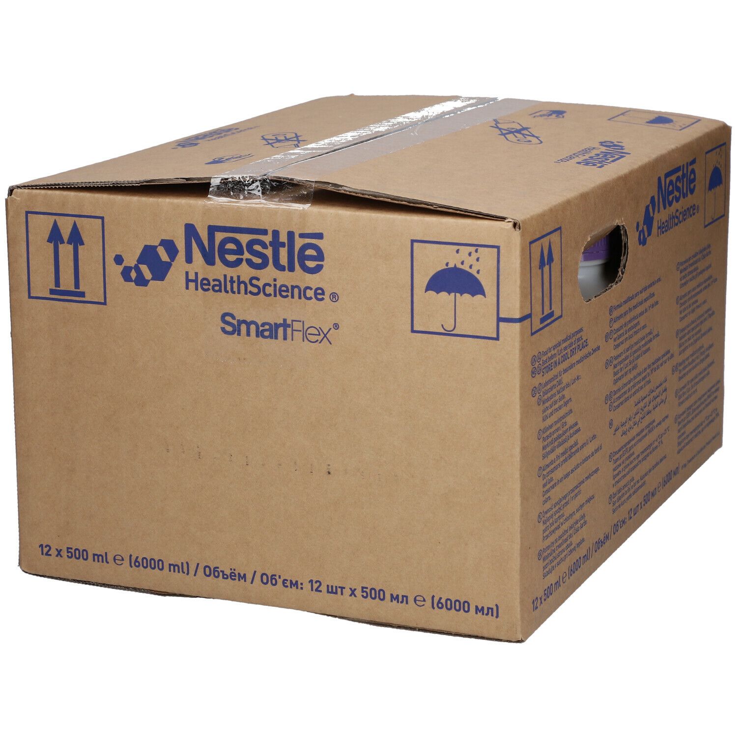 Kartonverpackung von Nestlé HealthScience. Aufdrucke: Logo, SmartFlex. Enthält Text in mehreren Sprachen. Ansicht von vorne.