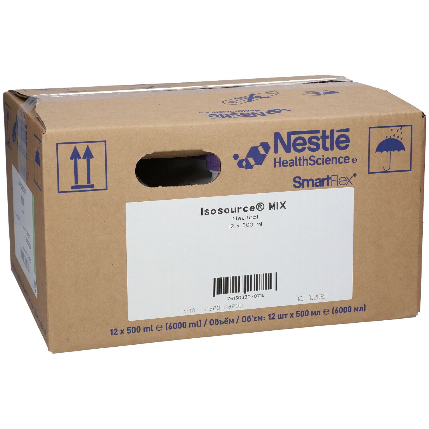 Kartonverpackung von Nestlé HealthScience Isosource Mix. Aufdrucke: Isosource Mix, 12 x 500 ml, Neutral. Mit Logo und SmartFlex.