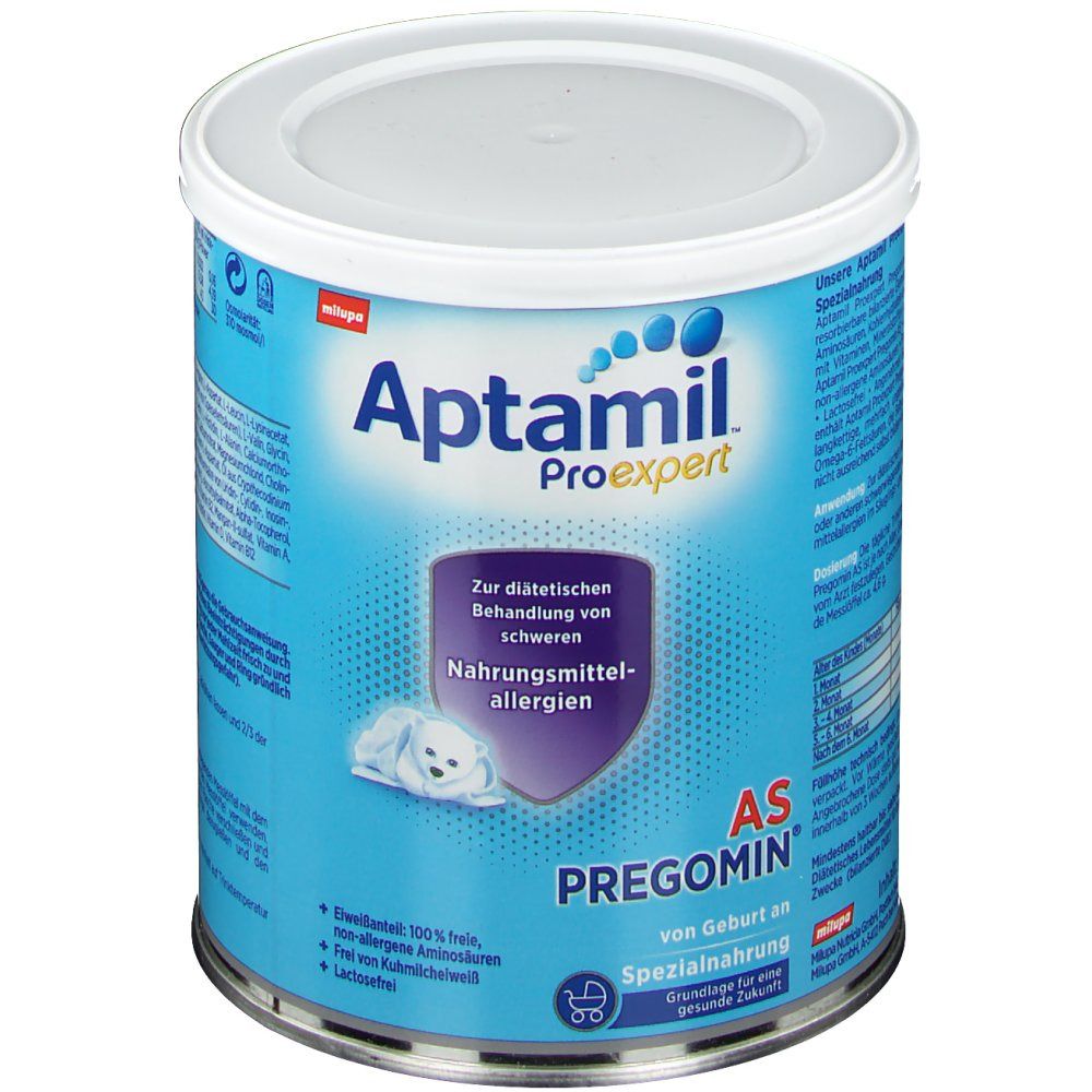 Aptamil Proexpert PREGOMIN® Dose. Blaue Dose mit weißem Deckel. Text: Zur diätetischen Behandlung von schweren Nahrungsmittelallergien.
