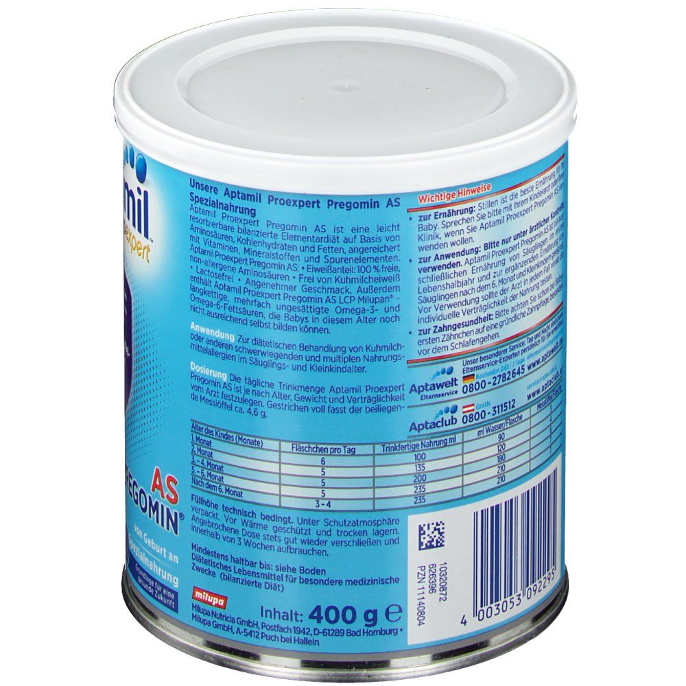 Rückseite der Aptamil Proexpert PREGOMIN® Dose. Blaue Dose mit weißem Deckel. Text und Nährwertangaben.