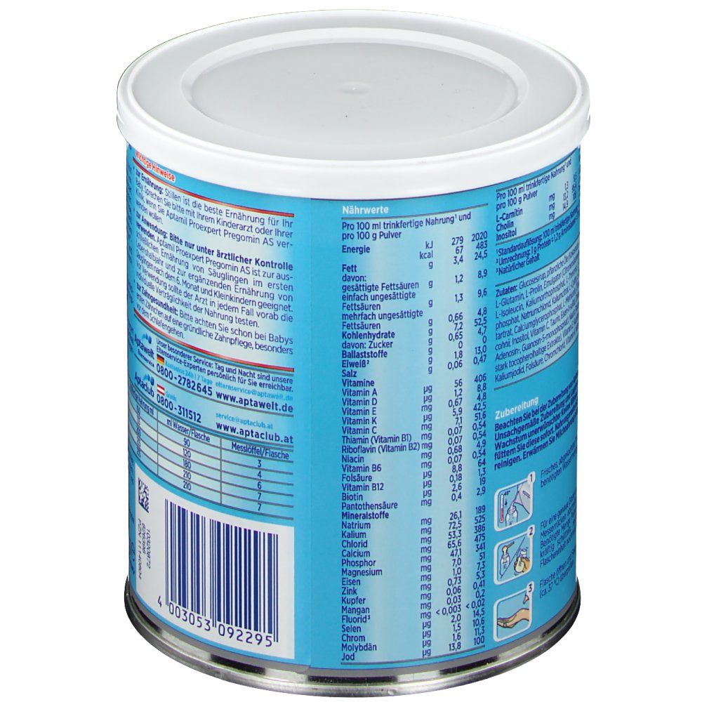 Rückseite der Aptamil Proexpert PREGOMIN® Dose. Blaue Dose mit weißem Deckel. Nährwertangaben und Text.
