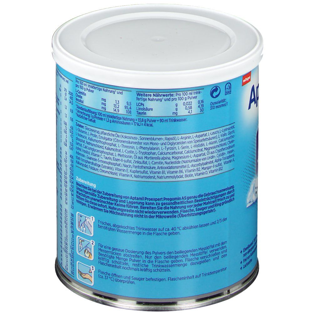 Rückseite der Aptamil Proexpert PREGOMIN® Dose. Blaue Dose mit weißem Deckel. Text und Nährwertangaben.