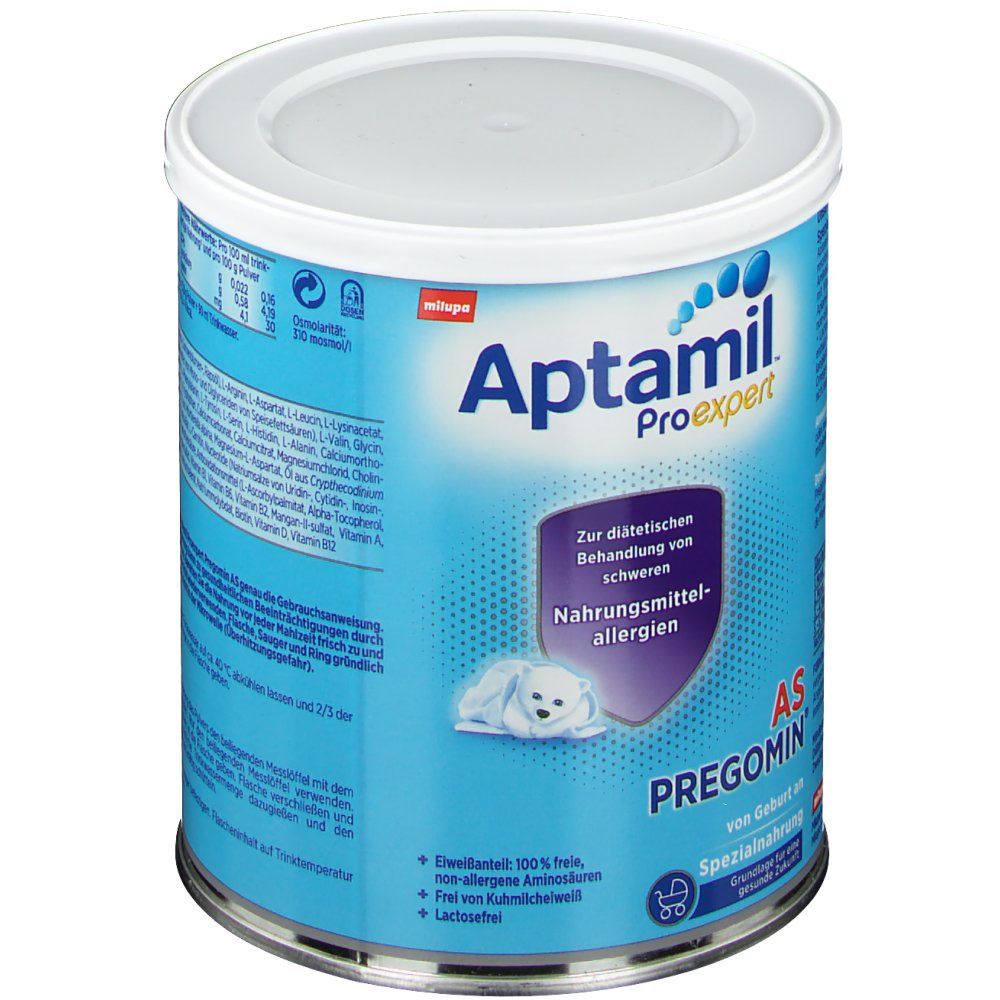 Aptamil Proexpert PREGOMIN® Dose. Blaue Dose mit weißem Deckel. Text: Zur diätetischen Behandlung von schweren Nahrungsmittelallergien.