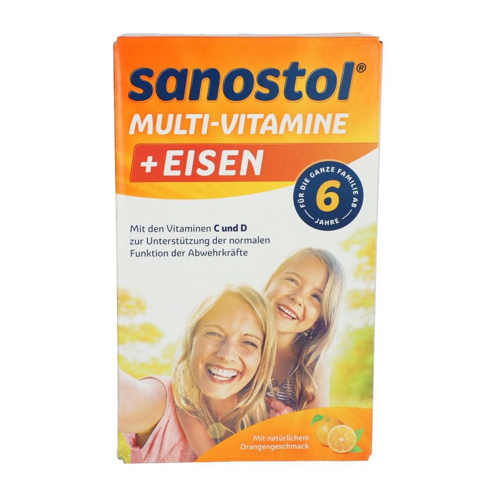 Verpackung von Sanostol® plus Eisen Saft. Orangefarbener Karton mit Produktnamen und Bild von Mutter und Kind.