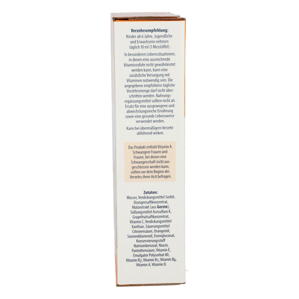 Seitenansicht der Verpackung von Sanostol® plus Eisen Saft. Text mit Nährwertangaben und Inhaltsstoffen.