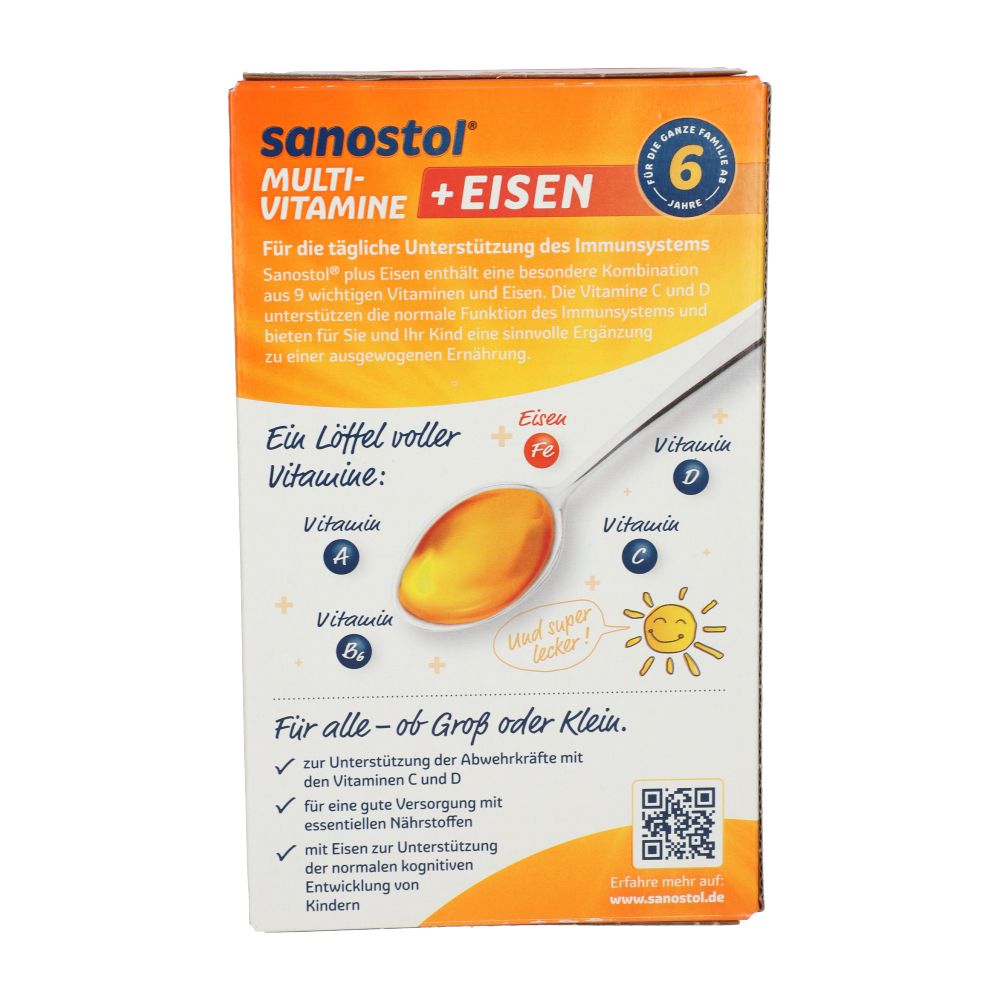 Rückseite der Verpackung von Sanostol® plus Eisen Saft. Illustrationen von Vitaminen und Eisen.
