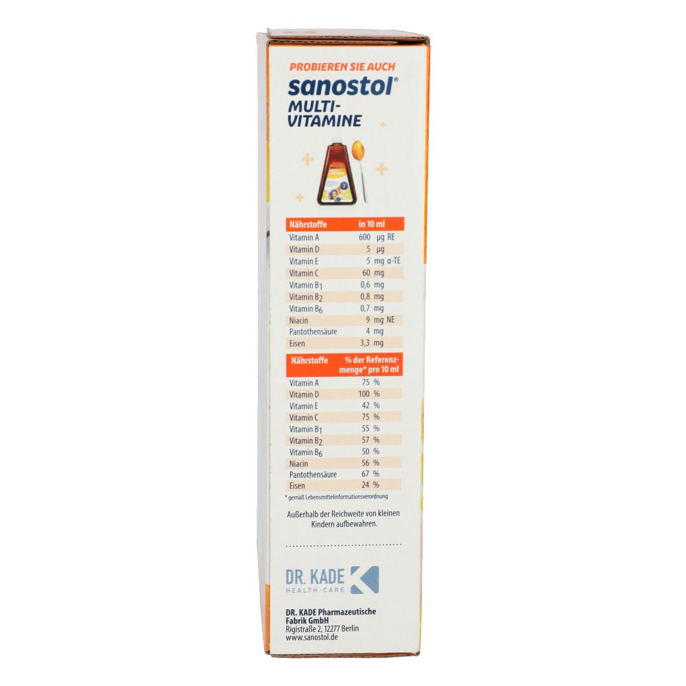 Seitenansicht der Verpackung von Sanostol® plus Eisen Saft. Text mit Nährwertangaben und Inhaltsstoffen.