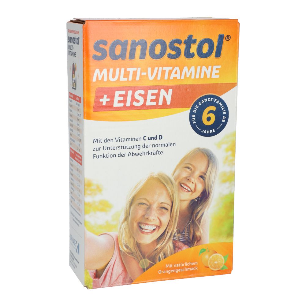 Vorderseite der Verpackung von Sanostol® plus Eisen Saft. Orangefarbener Karton mit Produktnamen und Bild.