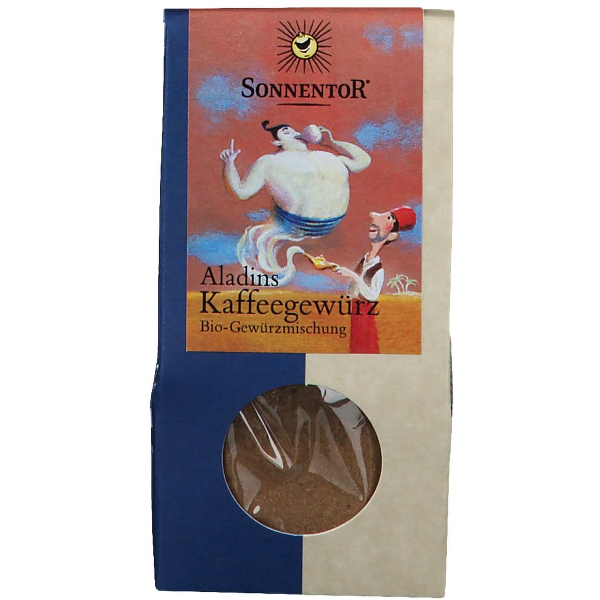 Verpackung von Aladins Kaffeegewürz. Sichtfenster zeigt Gewürzmischung. Logo: Sonne mit Gesicht. Text: SonnentoR, Aladins Kaffeegewürz, Bio-Gewürzmischung.