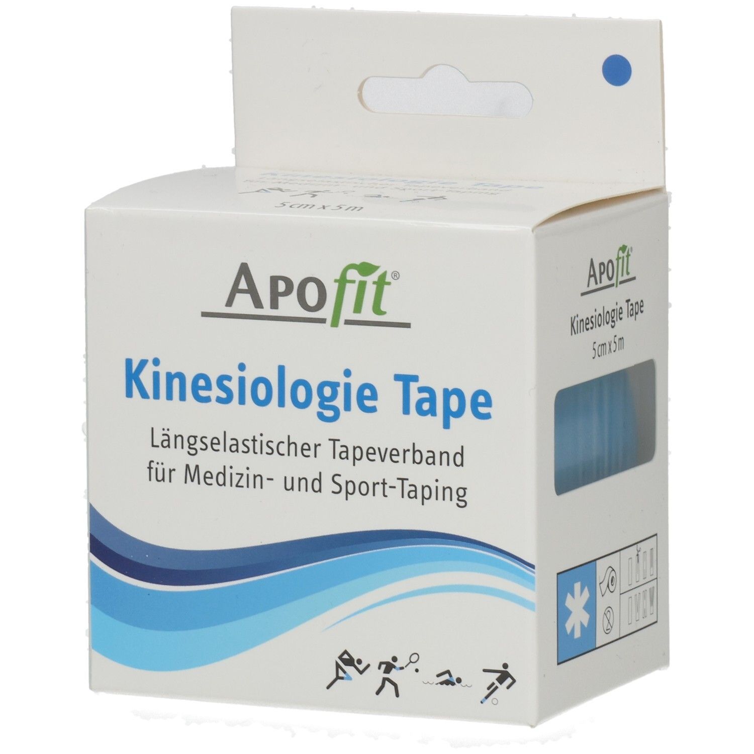 Kinesiologie Tape in weißer Verpackung. Blaue Schrift: ApoFit, Kinesiologie Tape, 5cm x 5m. Illustrationen von Sportlern.