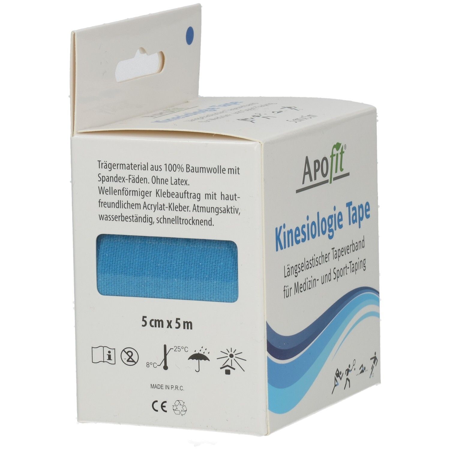 Geöffnete Verpackung mit blauem Kinesiologie Tape. Text: ApoFit, Kinesiologie Tape, 5cm x 5m. Informationen und Symbole.