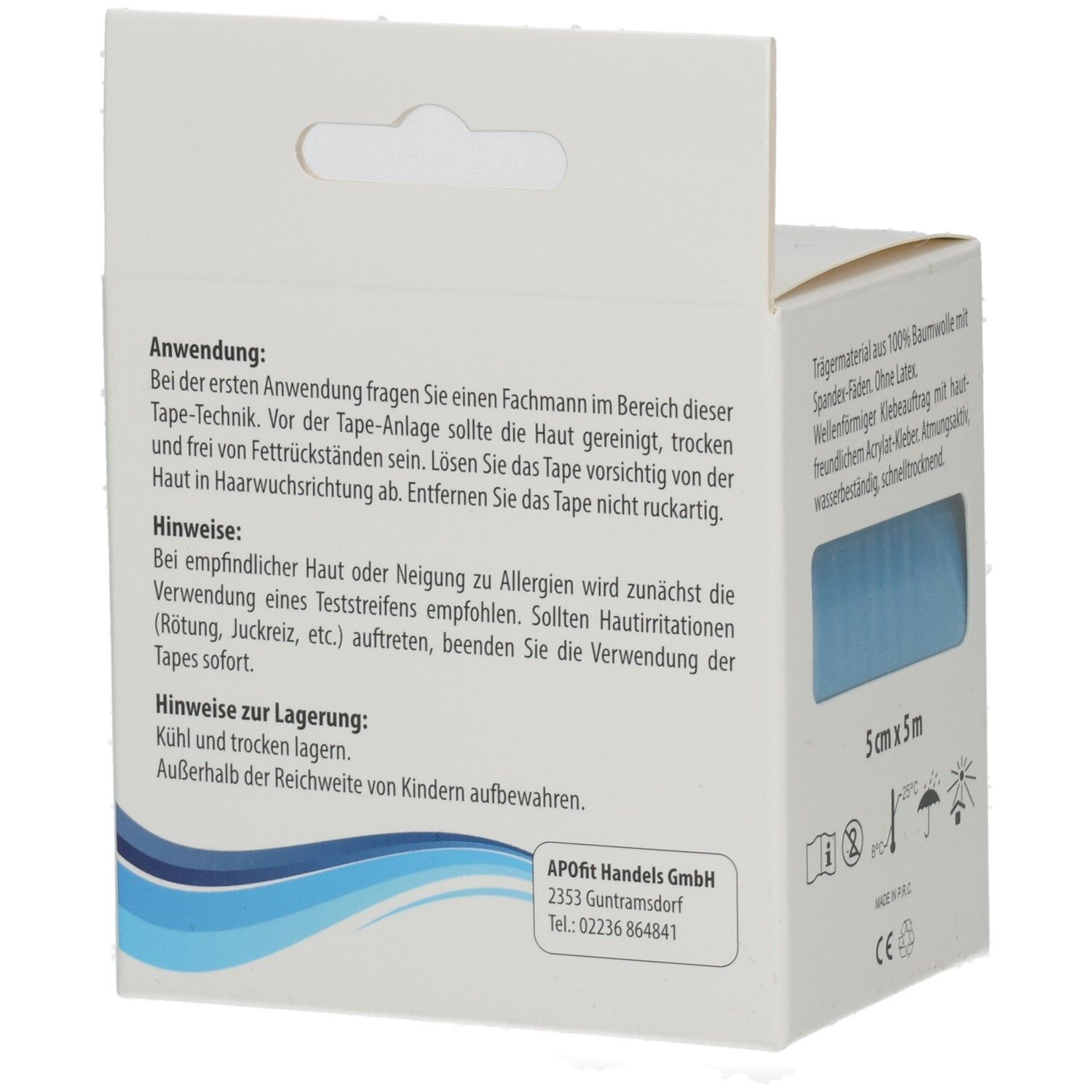 Rückseite der Verpackung mit Text. Informationen zur Anwendung und Lagerung. Blaue Kinesiologie Tape sichtbar.