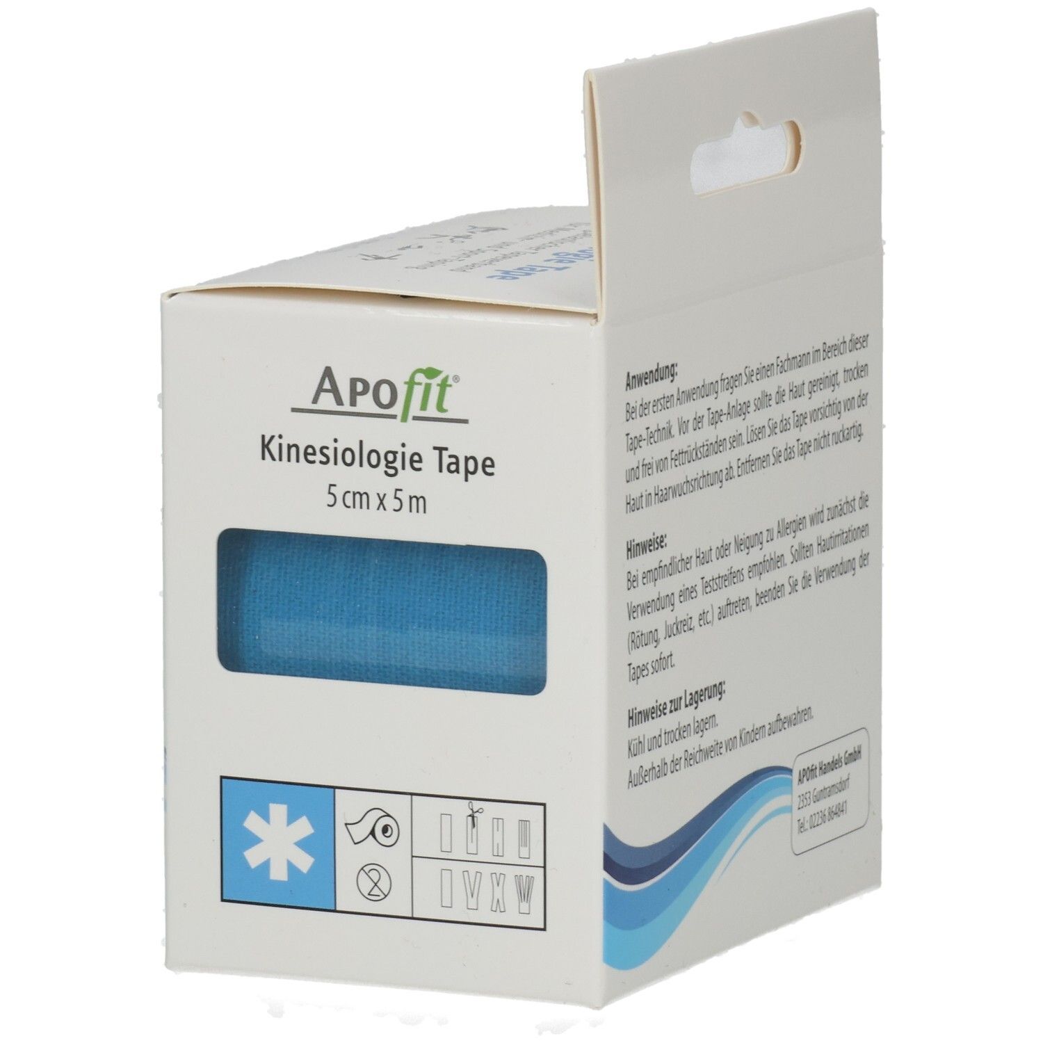 Geöffnete Verpackung mit blauem Kinesiologie Tape. Text: ApoFit, Kinesiologie Tape, 5cm x 5m. Symbole und Informationen.
