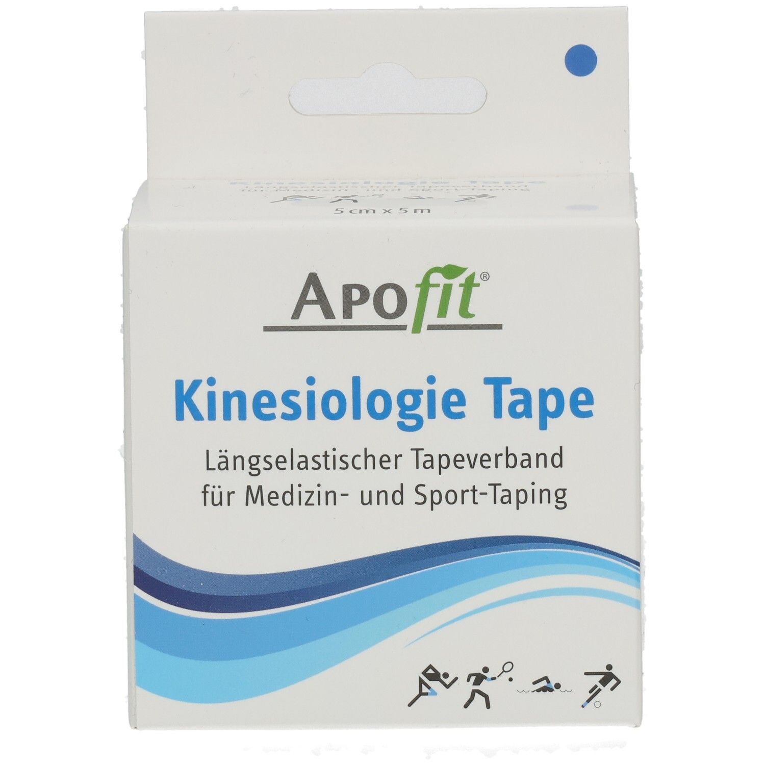 Weiße Verpackung mit blauem Kinesiologie Tape. Text: ApoFit, Kinesiologie Tape, 5cm x 5m. Illustrationen von Sportlern.