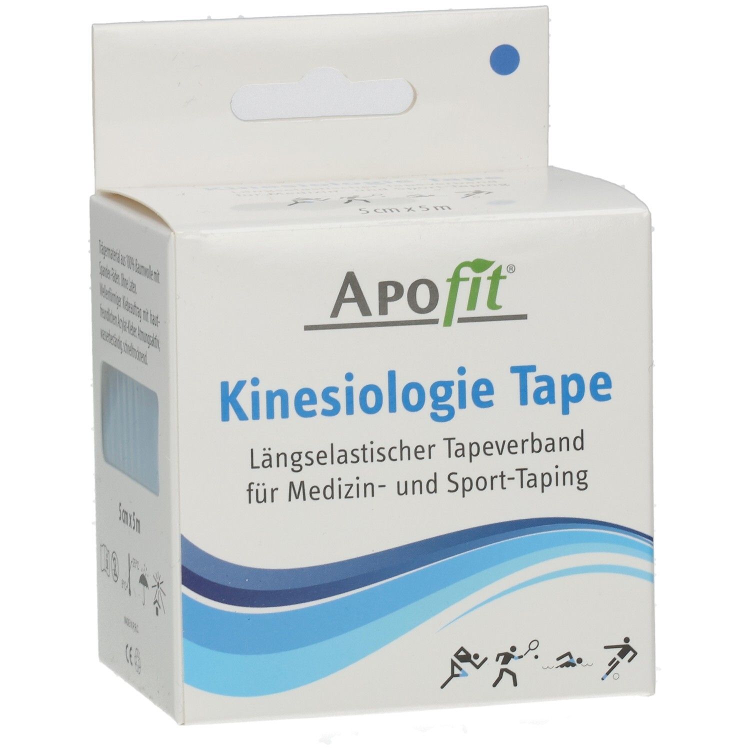 Weiße Verpackung mit blauem Kinesiologie Tape. Text: ApoFit, Kinesiologie Tape, 5cm x 5m. Illustrationen von Sportlern.