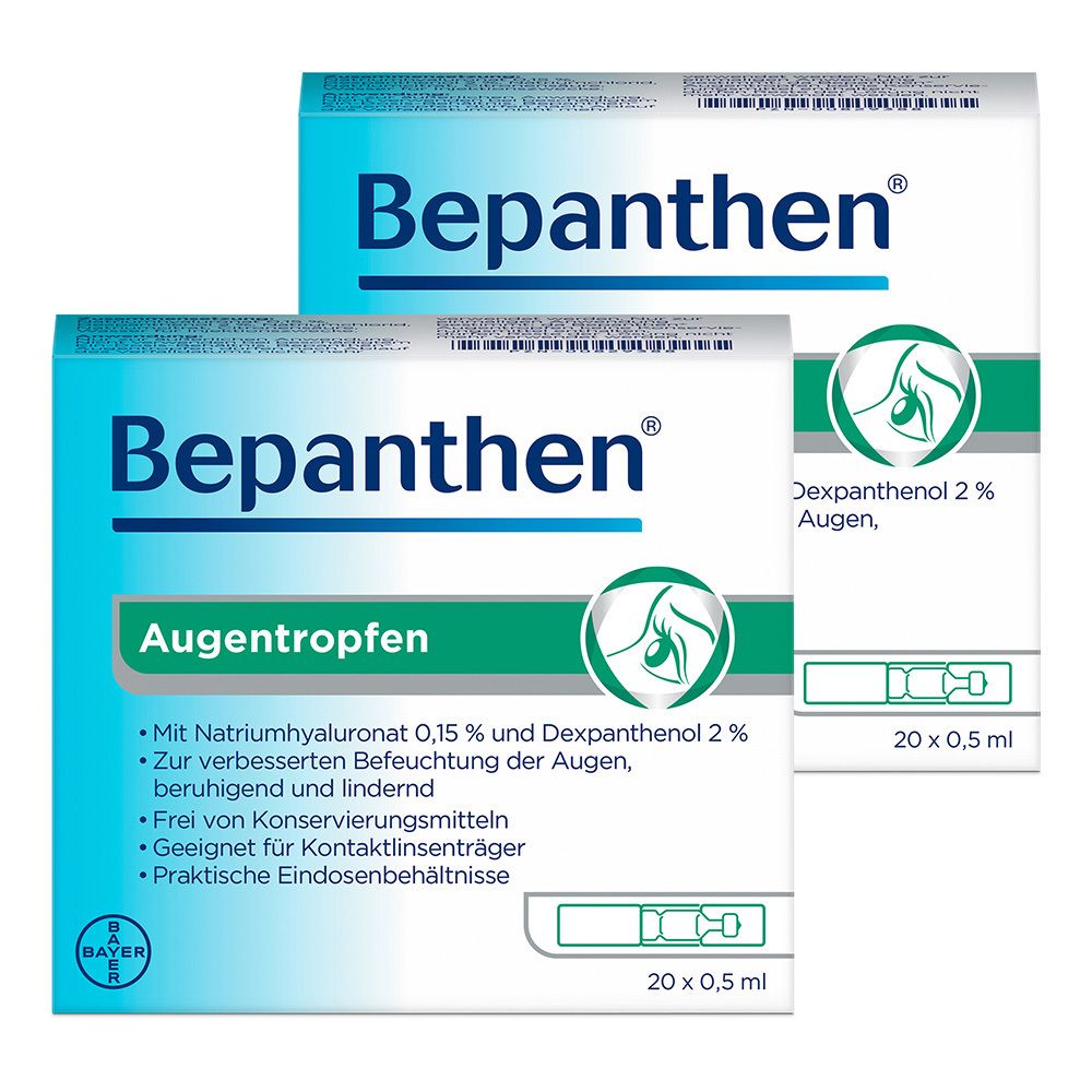 Zwei Packungen Bepanthen® Augentropfen. Blaue und weiße Verpackung mit Produktinformationen und Logo.