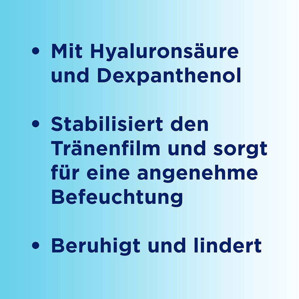 Blaue Punkte mit Text. Text: Mit Hyaluronsäure und Dexpanthenol. Stabilisiert den Tränenfilm.