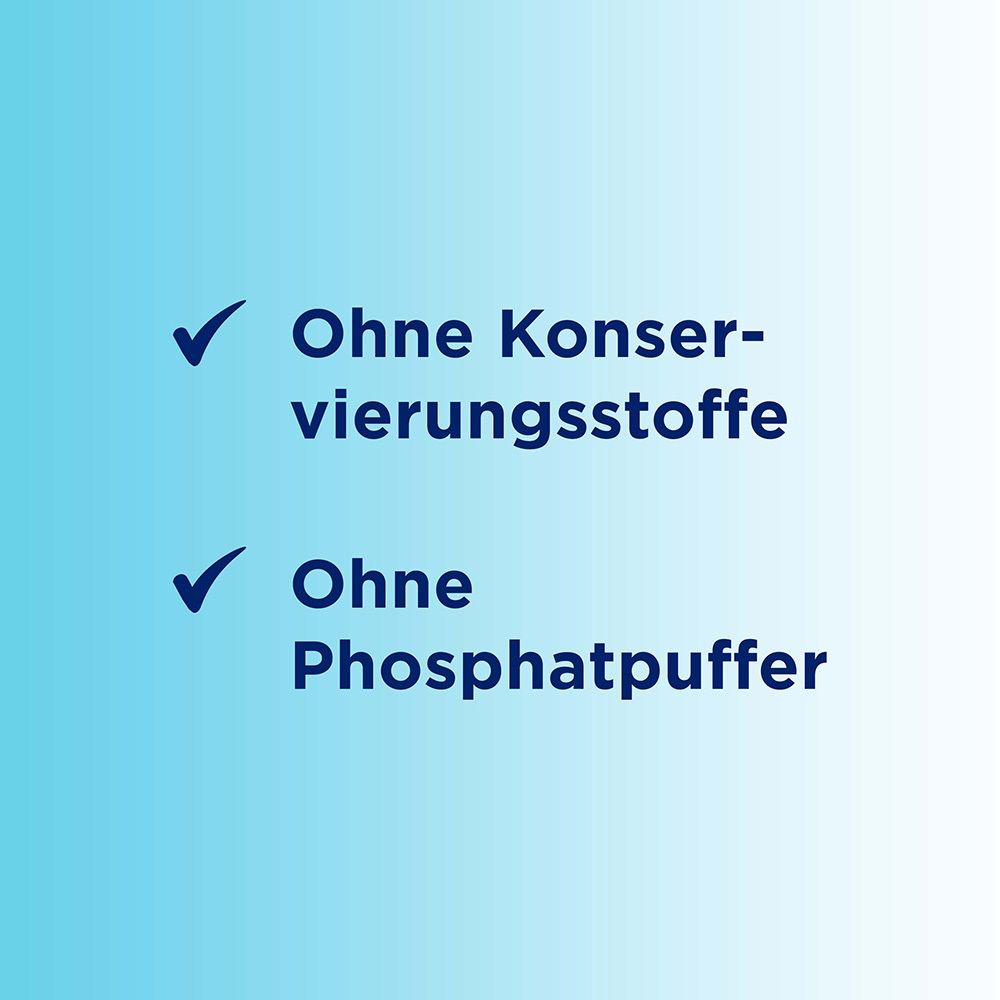 Blaue Punkte mit Text. Text: Ohne Konservierungsstoffe. Ohne Phosphatpuffer.